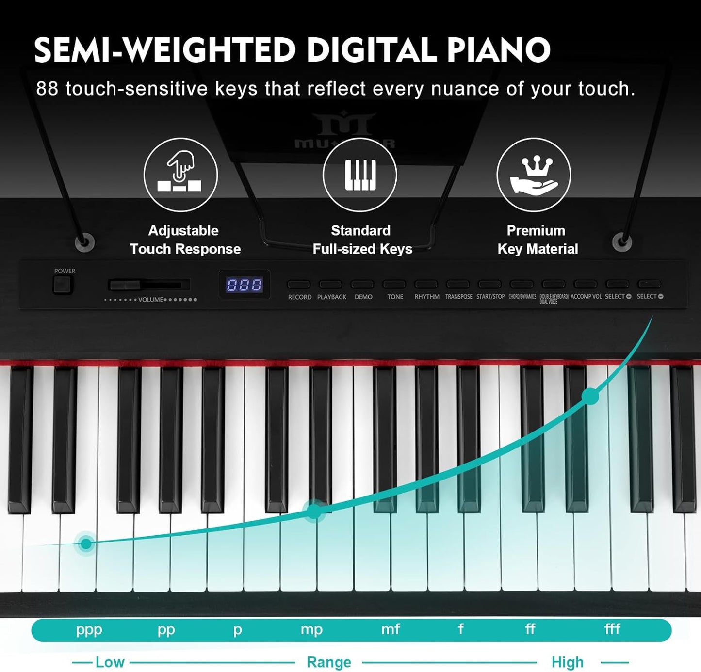 MUSTAR Digital Piano 88 Key Weighted with Stand, 88 Key Semi Weighted Keyboard Piano MEP-900, Portable Electric Piano Keyboard 88 Keys with Bluetooth Connection, Case, Sustain Pedal, MDF, Black