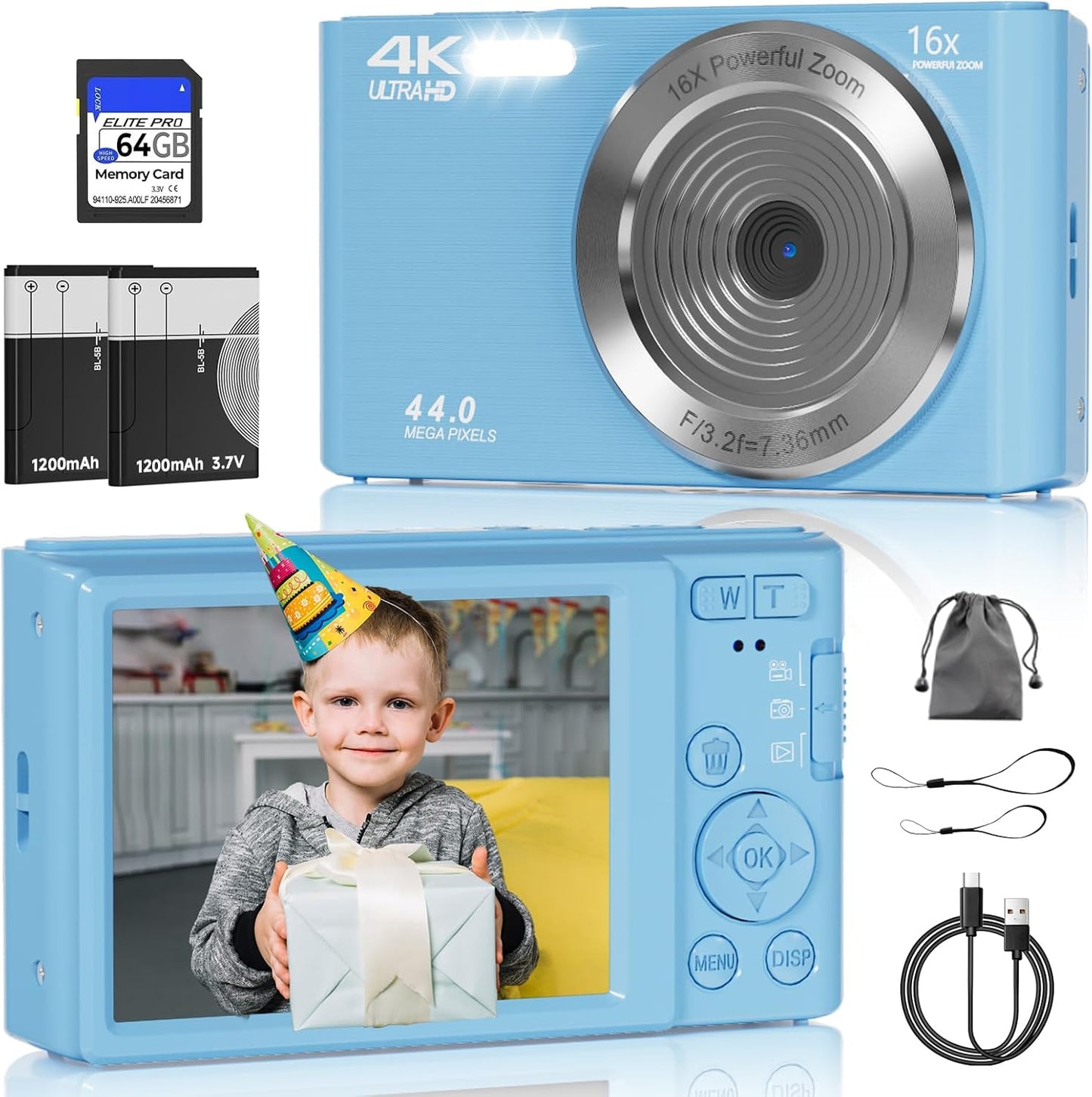 Digital Camera, FHD 4K 44MP Digital Camera, 16X Digital Zoom, Digital Point and Shoot Camera with 3-LED Fill Lights, 64GB SD Card, Compact Camera for Kids Teen Boys Girls, Blue