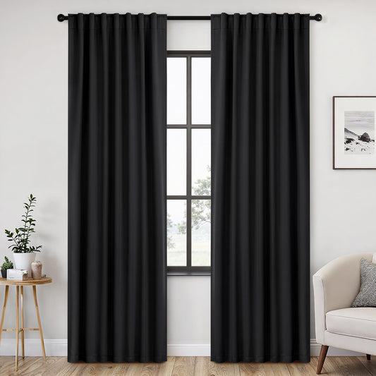 ANRODUO Back Tab Blackout Curtains for Bedroom Living Room, Rod Pocket Pinch Pleated Thermal Insulated Room Darkening Curtains 84 Inches Long 2 Panels, Black, 52 x 84 Inch
