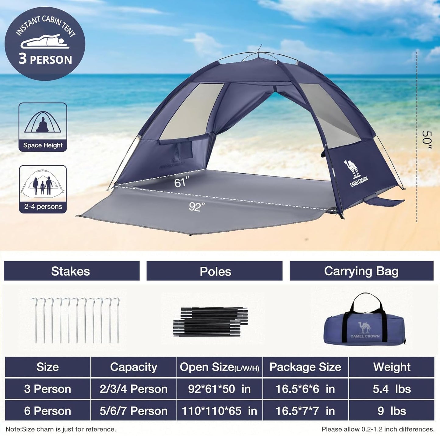 CAMEL CROWN Beach Tent UPF 50+ Sun Shelter for 2/3/5/6 Person, Lightweight Portable Sun Shade with Sand Anchor, Family Beach Day & Outdoor Adventures