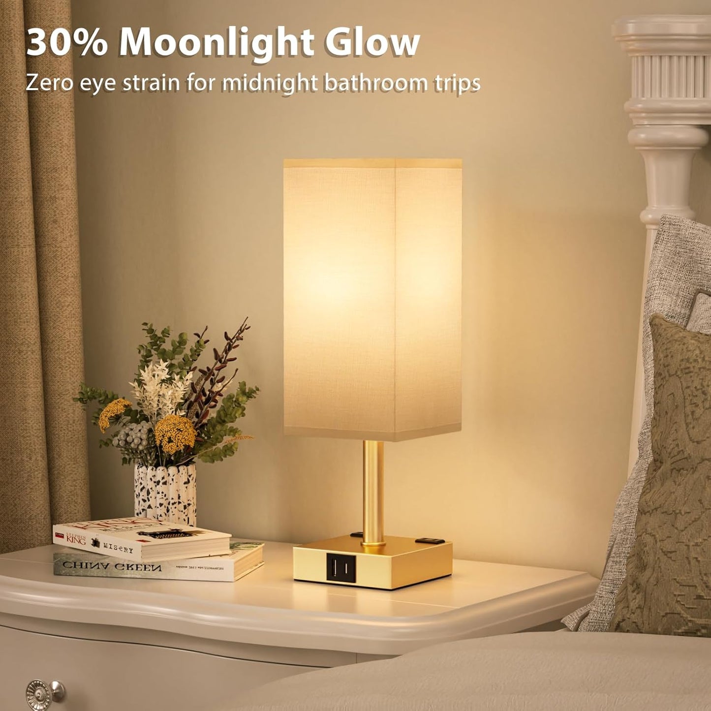 Gold Base Touch Lamps Set of 2 - Nightstand Lamp with USB-C + A Charge Ports & AC Outlets, 3-Way Dimmable Bedside Lamp, Small Table Lamp Light for Bedroom (Bulb Included)