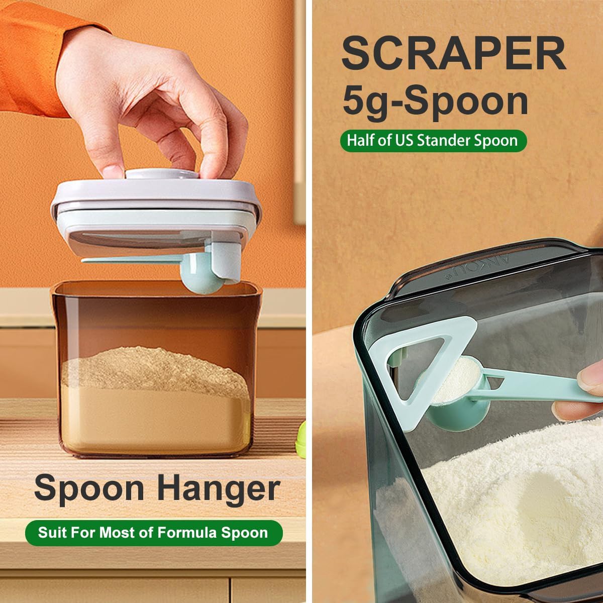 Ankou One-Push Formula Container, 2300ml Formula Dispenser with Scoop and Scraper, Milk Powder Container with Lids, BPA-Free Airtight Food Storage Container 1000g Large Capacity,Dark Brown, Rectangle