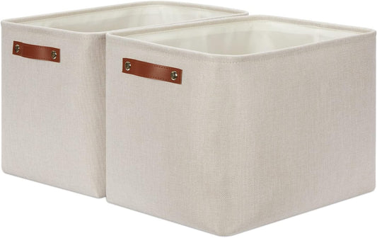 DULLEMELO 2-Pack Large Storage Baskets for Organizing 16"x12"x12" Canvas Fabric Storage Basket Bins With Leather Handles for Shelf Clothes Empty Gift Basket (Beige)
