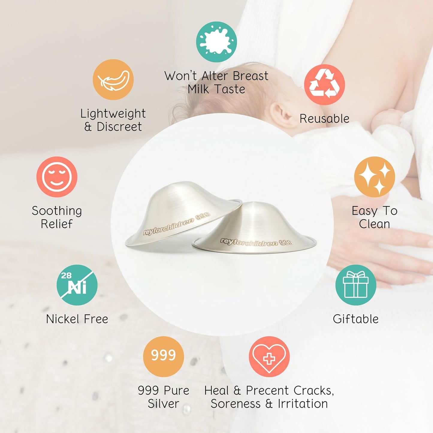 RFC Silver Nursing Cups - 999 Silver Nursing Pad - Nipple Shield Kit for Nursing Newborn - Breastfeeding Essentials - Nipple Cover Breastfeeding - With Silicone Ring & Cleaning Scotch & Case (REGULAR)