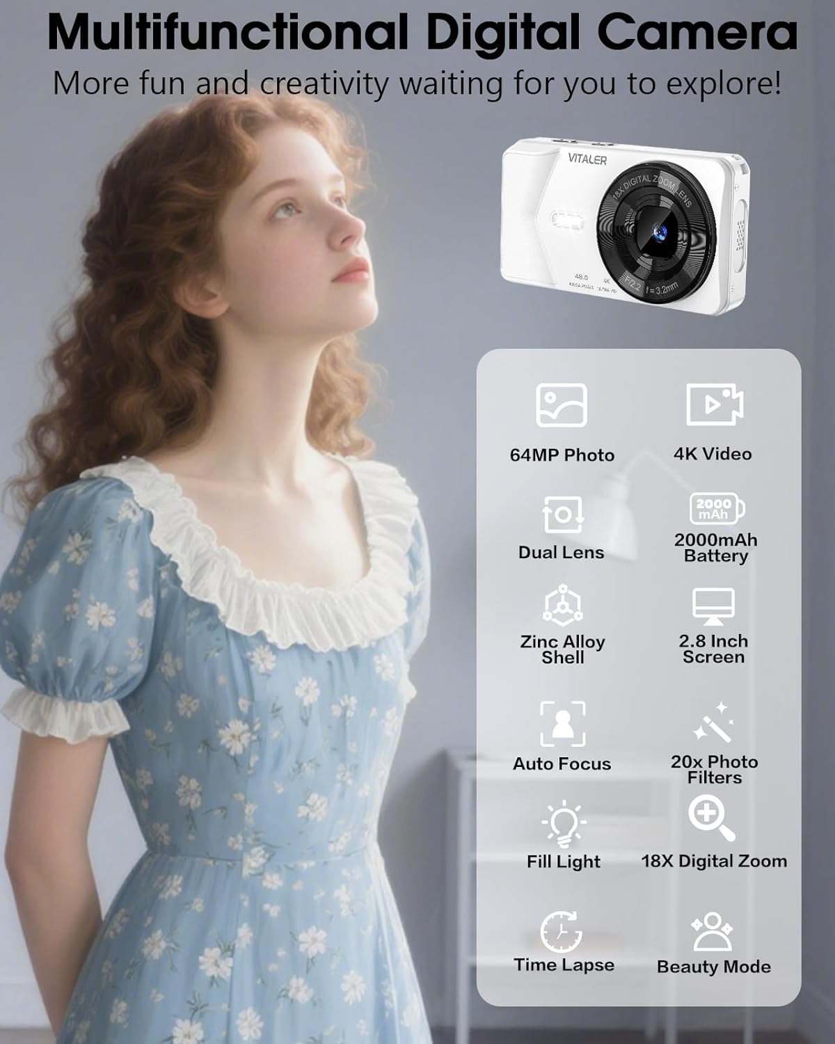 Digital Camera, Autofocus 48MP 4K Camera for Photography with 32GB Card, Portable Compact Point and Shoot Digital Camera for Teens Adult Beginner Kids with Metal Shell, 2000 mAh Battery