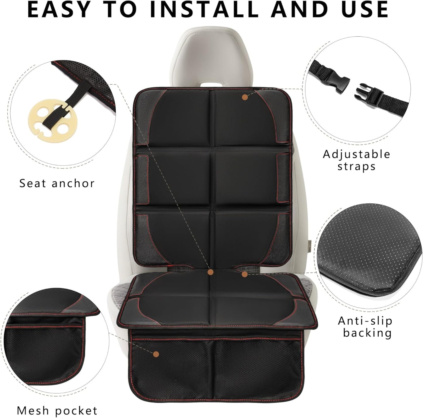 Car Seat Protector 2 Pack Baby Car Seat Covers with Mesh Pockets & Non-Slip Backing 600D Durable Seat Protector Under Baby Car Seat (Black & Red, Large)