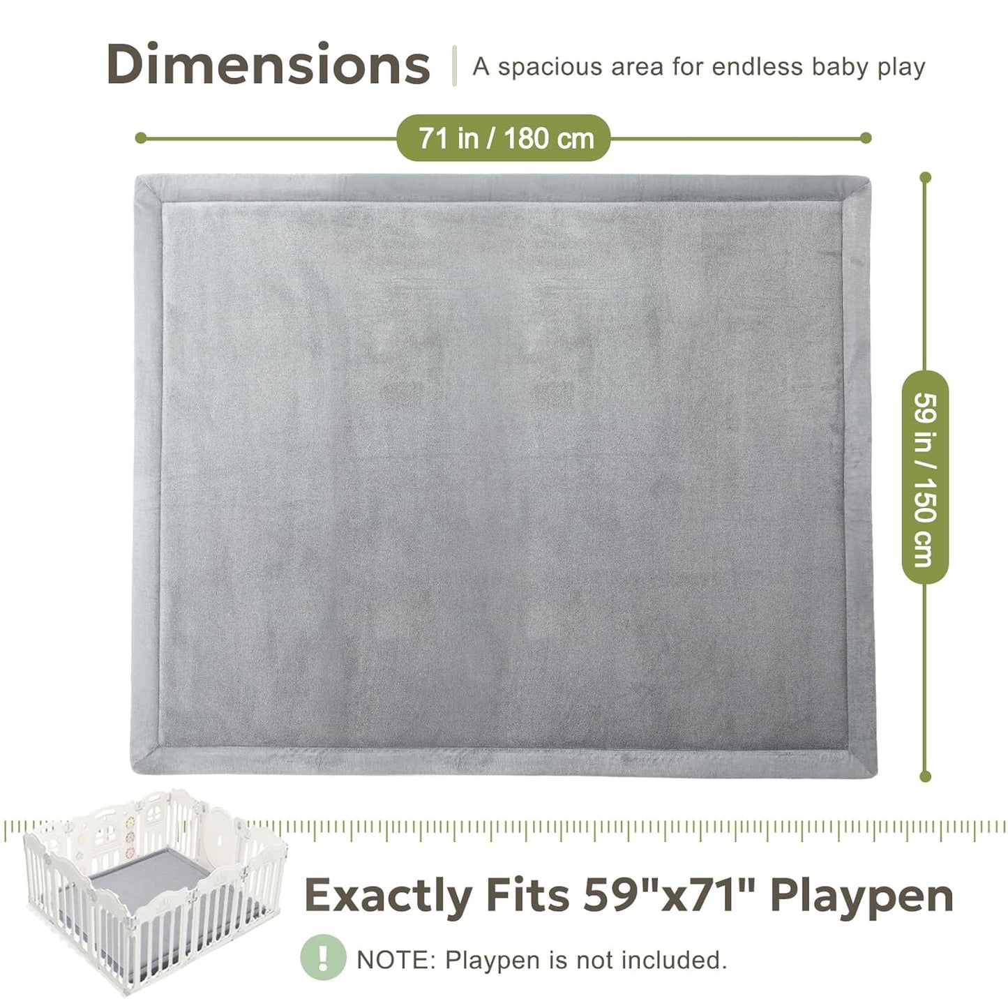 Ultra Soft 1.3" Thick Baby Play Mat for Floor, Large Velvet 71x59 Playpen Mat, Baby-Safe & Non-Slip Tummy Time Mat, Crawling Mat for Babies, Toddlers, Infants, Kids, Easy Care, Gray