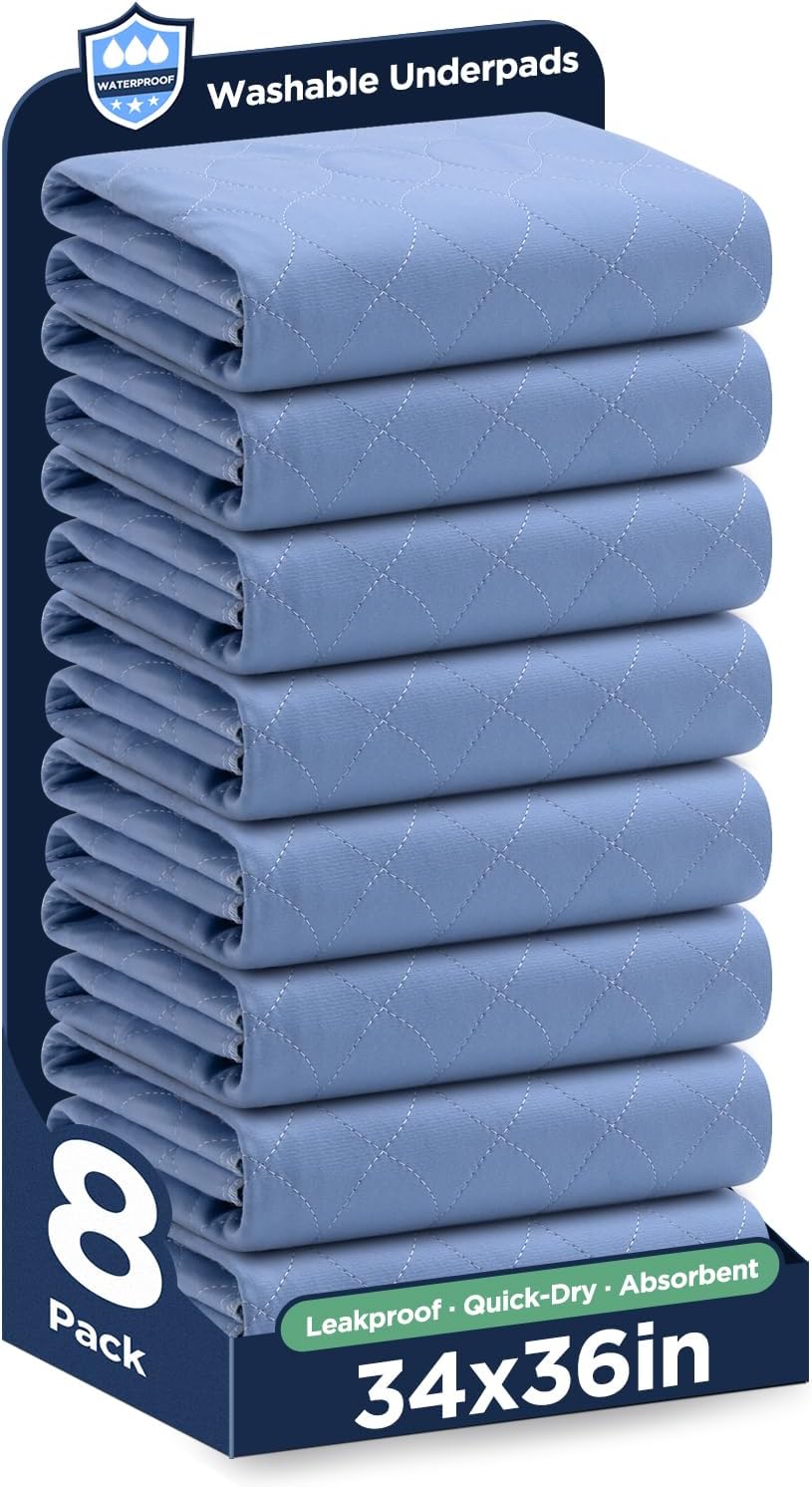 Washable Bed Pads 34" x 36" - 8 Pack, Blue, Waterproof Bed Pads for Incontinence, Bed Wetting Pads for Bed, Sofa, Floor, Resuable Underpads for Adults, Seniors, Pet