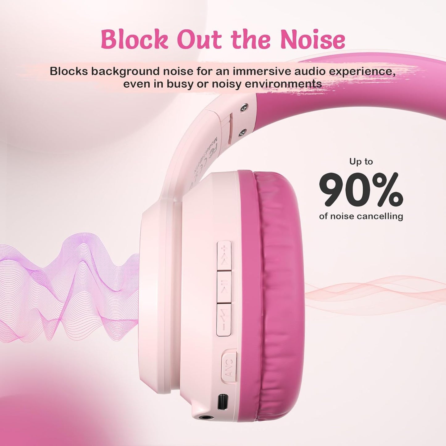 Active Noise Cancelling Headphones for Kids, 60H Playtime, Wireless Bluetooth Over-Ear Blue Headset Built-in Microphone for Home/School/Travel/Party - Includes Portable Case (Pink)