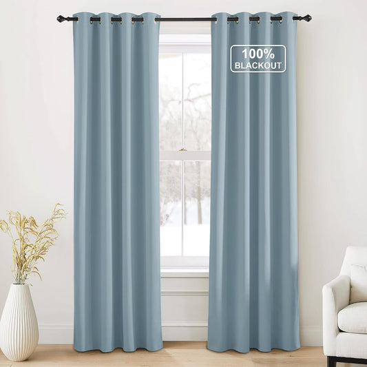 NICETOWN Greyish Blue Blackout Thermal Insulating Window Curtain Panels for Bedroom - Plylux Room Darkening 84 inch Length Grommet Smart Drapes for Living Room (52 x 84 inches Long, 2 Panels)