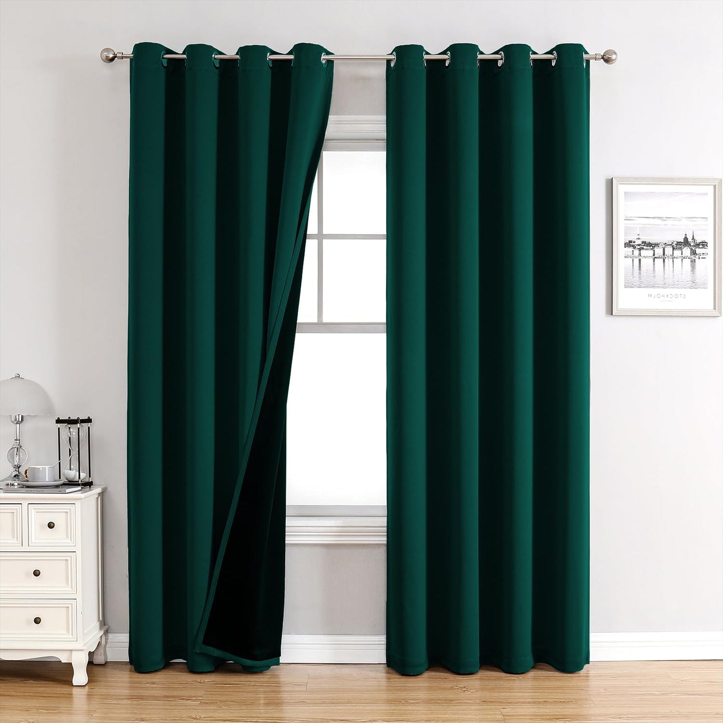ChrisDowa 100% Blackout Curtains for Bedroom with Black Liner, 2 Thick Layers Total Blackout Thermal Insulated Grommet Window Curtains 2 Panels Set (Forest Green, 52 x 72 Inch)