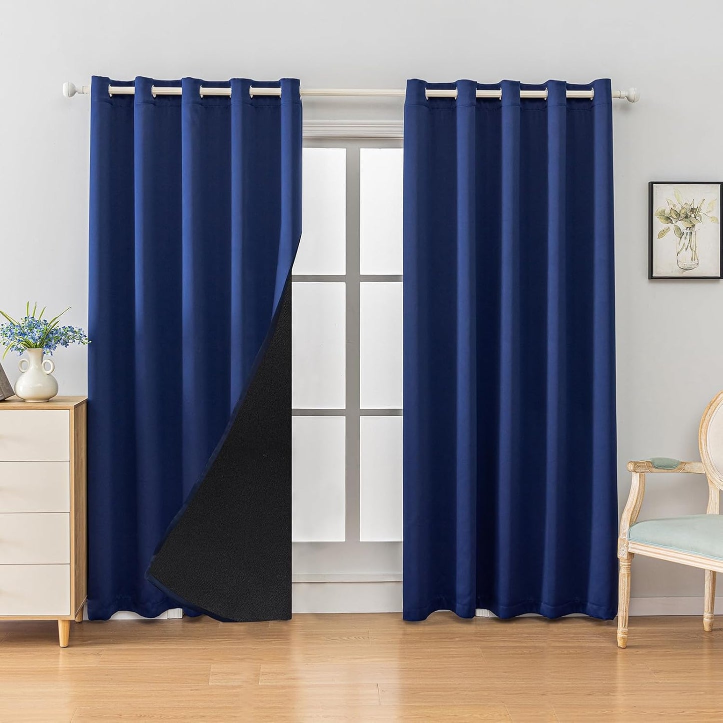 Anytime 100% Blackout Curtain Set, Thermal Insulated & Energy Efficiency Window Draperies for Guest Room, Full Shading Panels for Shift Worker and Light Sleepers（Navy Blue, 2 Panels, 70W x 108L）