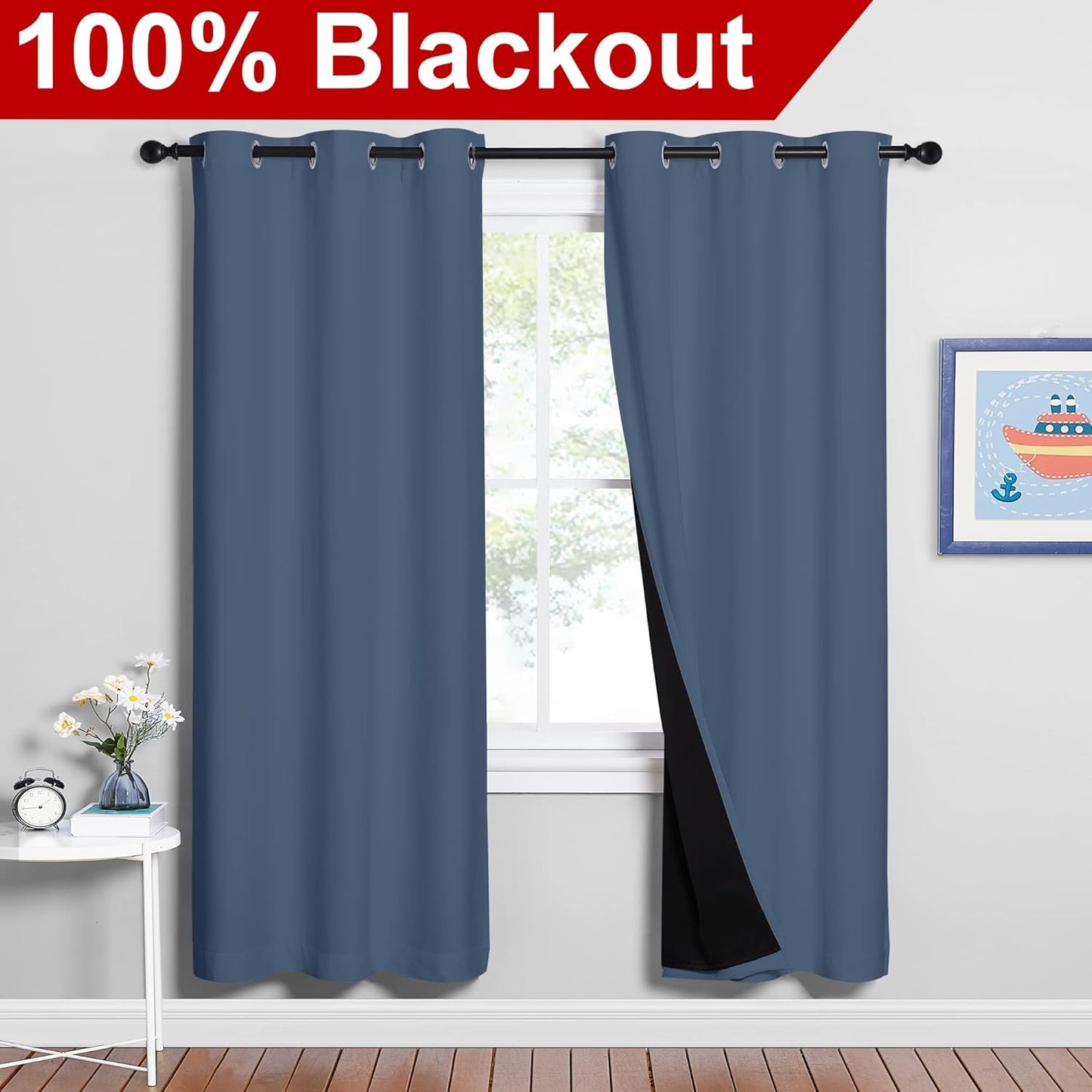 NICETOWN 100% Blackout Curtains Thermal, Stone Blue, 1 Pair, W37 x L70, Noise Reduction and Privacy Curtains for Patio Door, Black Lined Blackout Drapes with Grommet Top