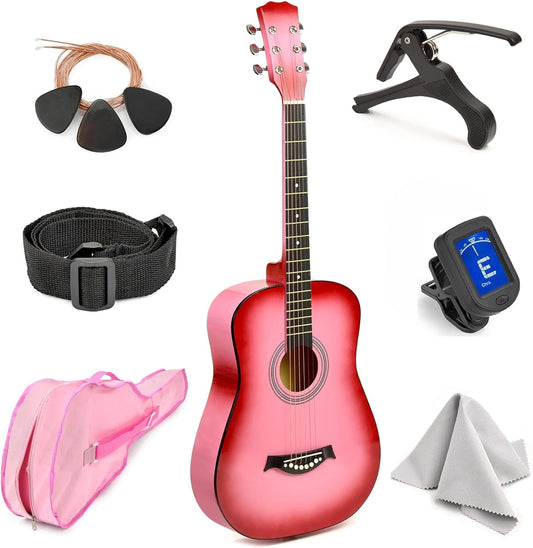 Classical Acoustic Guitar For Kids By MasterPlay- 30” Beginner Guitar For Learners- Accoustic String Starter Kit: Guitar Bag, Tuner, Strap, Extra Strings, Picks, Wash Cloth, Capo (Pinkburst)