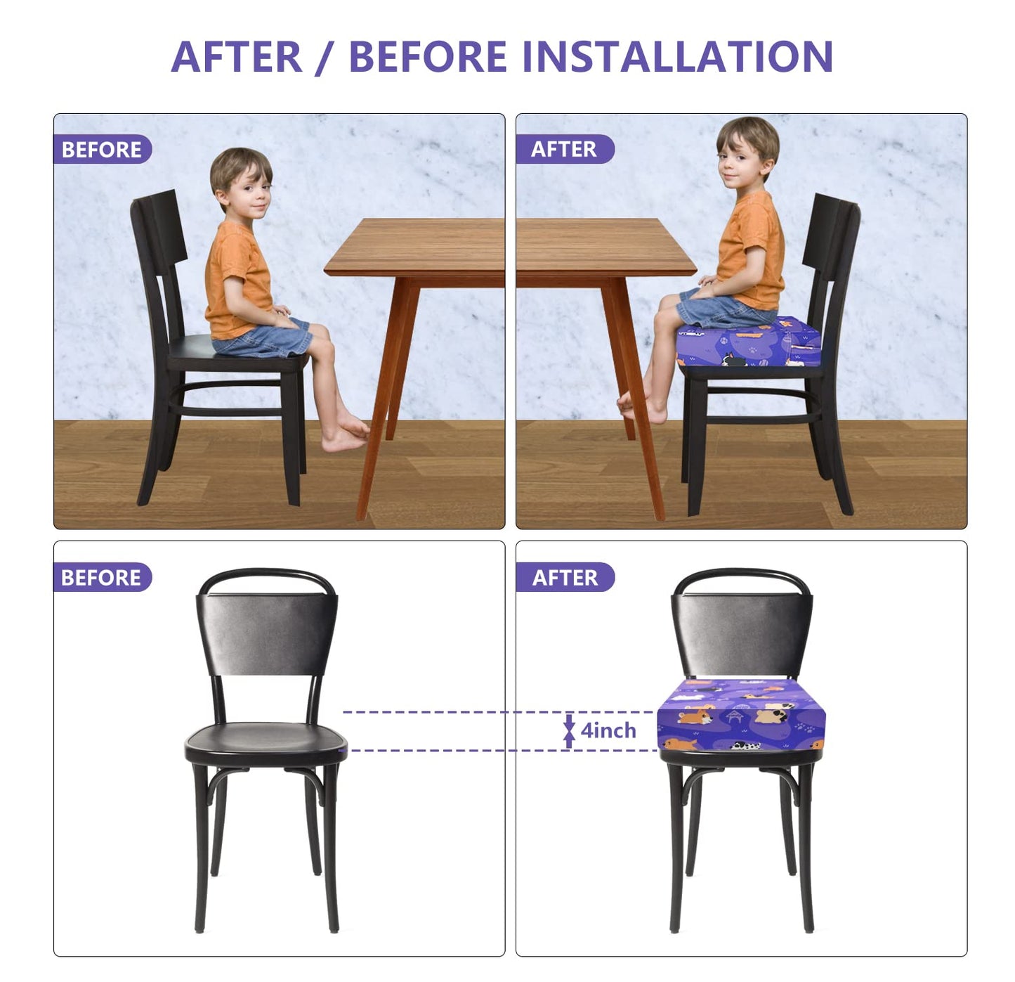 Toddler Booster Seat for Dining Table,4 Inches Washable Double Safer Straps Non-Slip Bottom Booster Seat Dining for Kids, Portable Travel High Density Sponge Detachable Increasing Cushion for Child.