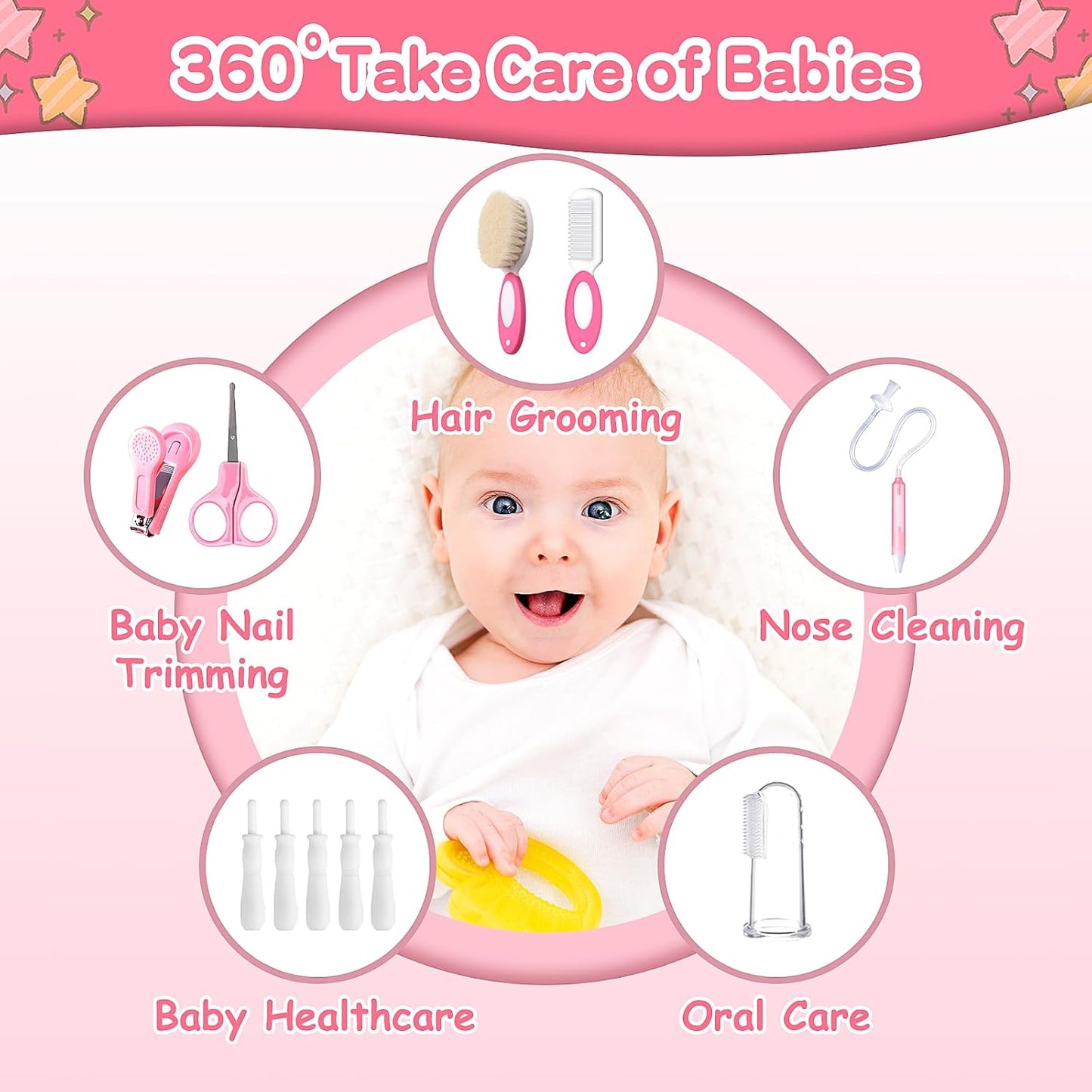 Baby Healthcare and Grooming Kit, 21 in 1 Portable Baby Essentials Kit with Gas Relief Hair Brush Comb Nasal Aspirator for Newborn Boys Girls (Pink)