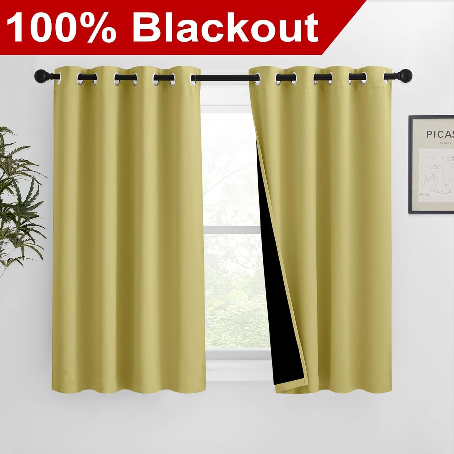 NICETOWN 100% Blackout Blinds, Set of 2, 46 inches x 45 inches, Laundry Room Decor Window Treatment Curtains for Large Patio Sliding Door, Thermal Insulated Paler Yellow Curtains for Bedroom