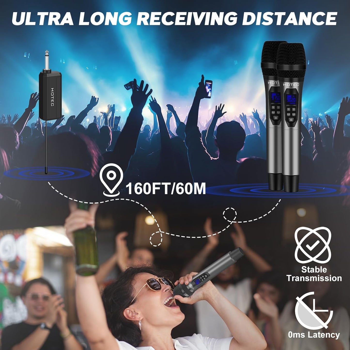 HOTEC Wireless Microphones Dual UHF Handheld Mic System with Echo/Volume Control, Rechargeable Receiver for Karaoke Church Wedding Party Speech, Compatible PA System, Karaoke Machine, and Mixer