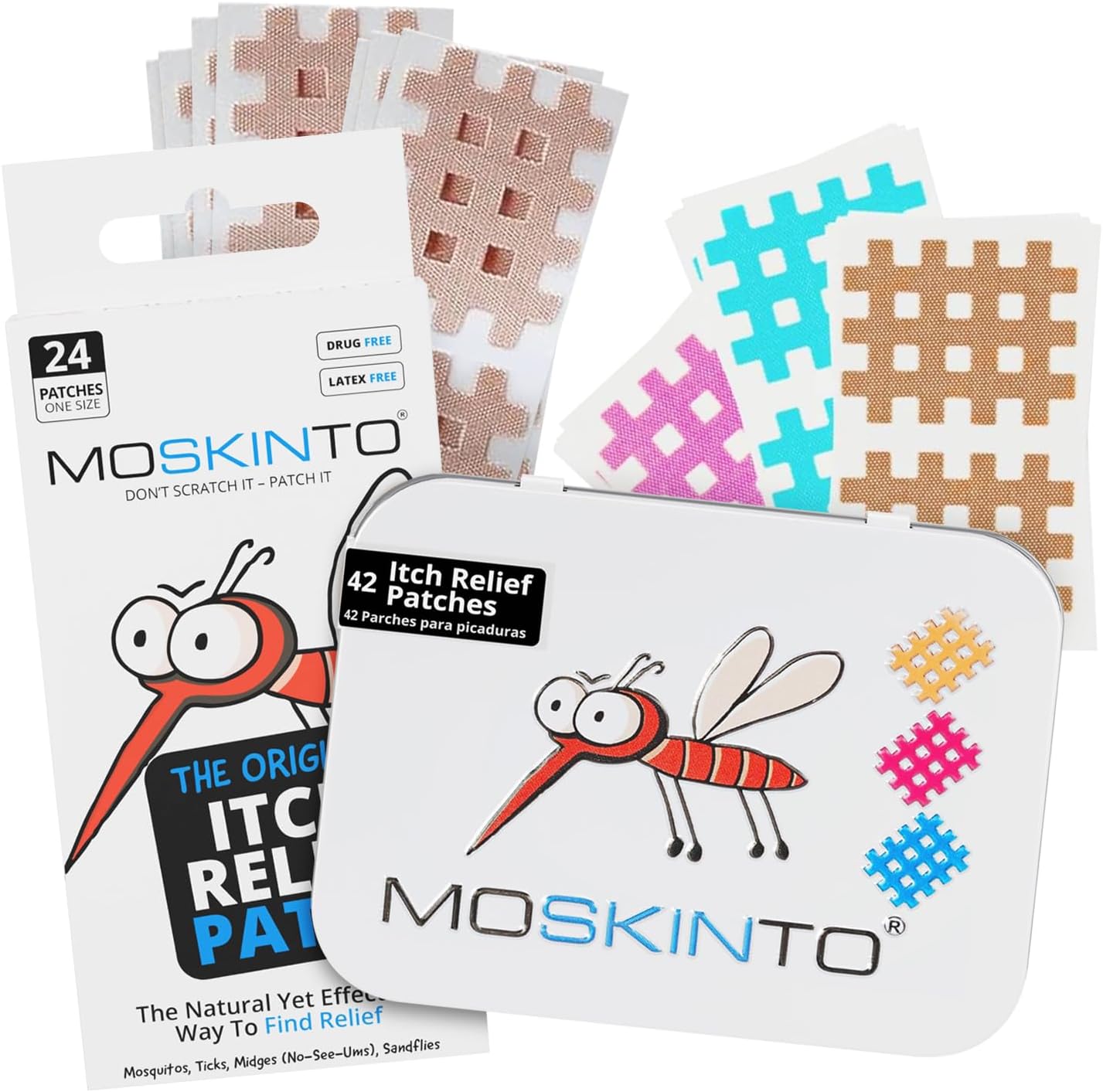 Moskinto The Original Itch Relief Patch, Mosquito Bite Patches for Kids and Adults, Instant Relief Natural Patches for Bug Bites, Travel Pack + Family Pack, Nude & Colorful Patches, 66 Count