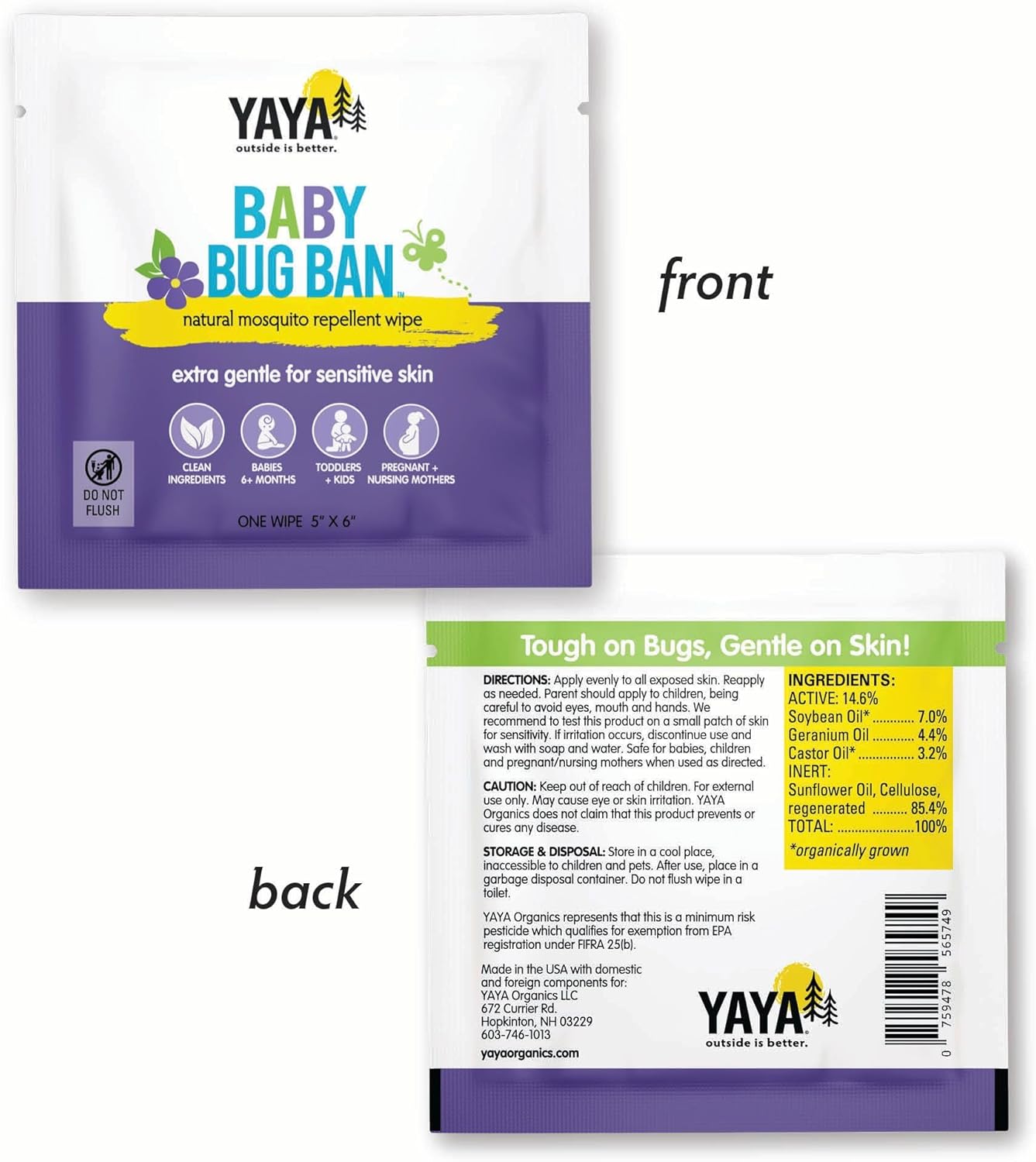 YAYA ORGANICS Baby Bug BAN Insect Repellent Wipes – All-Natural, DEET-Free, Non-Toxic, for Babies, Kids, Pregnant and Nursing Moms and Sensitive Skin (12 Count, Pack of 1)