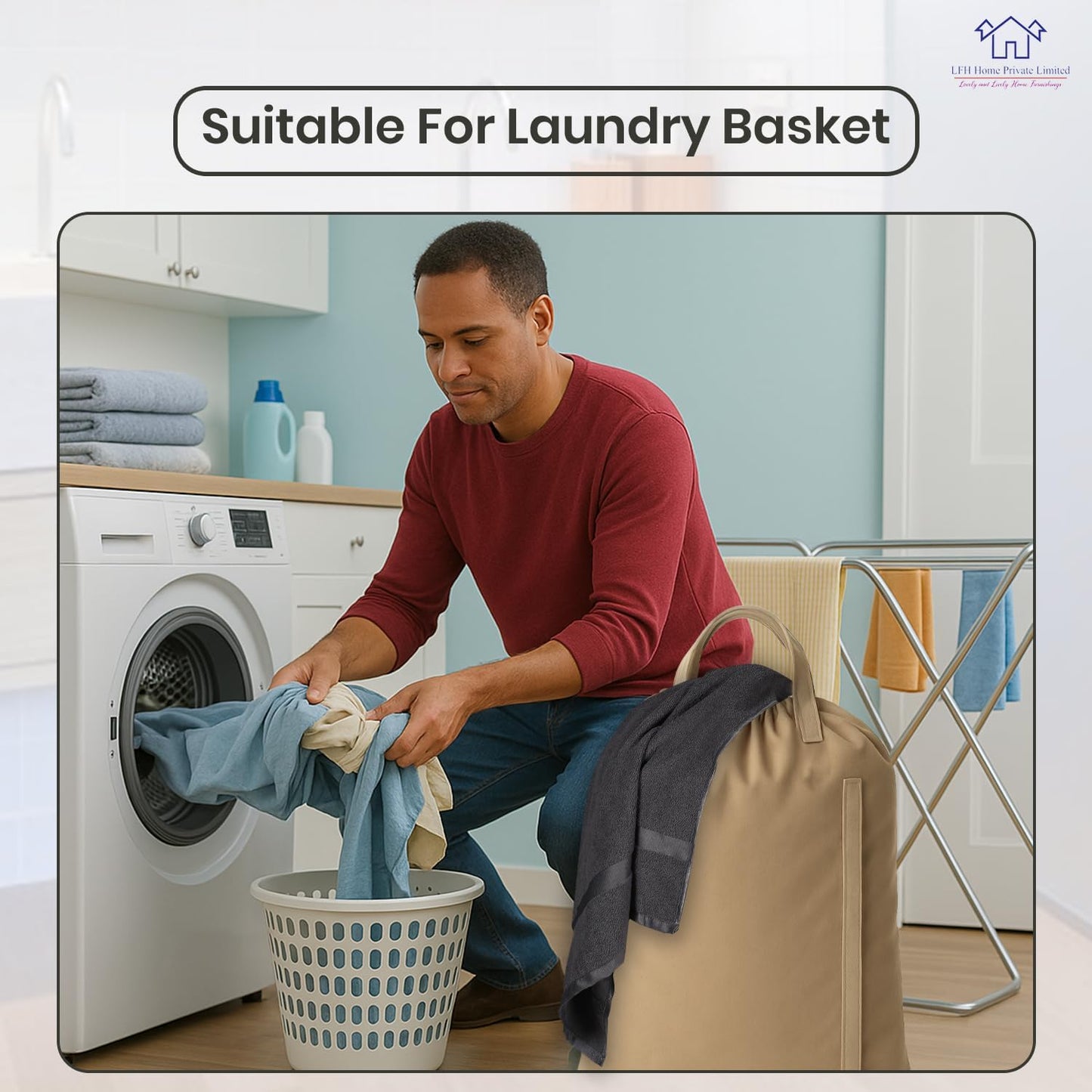 LFH Home Cotton Canvas Large Laundry Bag with Handle, Heavy Duty Drawstring Closure Washable Laundry Bags, School Travel, Home, Hotel, College Dorm, Organizer Sack, Toys Clothes 24x36-Beige