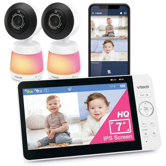 VTech 2-Cameras Smart WiFi Baby Monitor with 1080p FHD Video, Free App with Motion Video, Sound/Motion Detection and Notifications, 7" IPS Display with Split-Screen, Pan-Tilt-Zoom: Smart HQ Max Twin