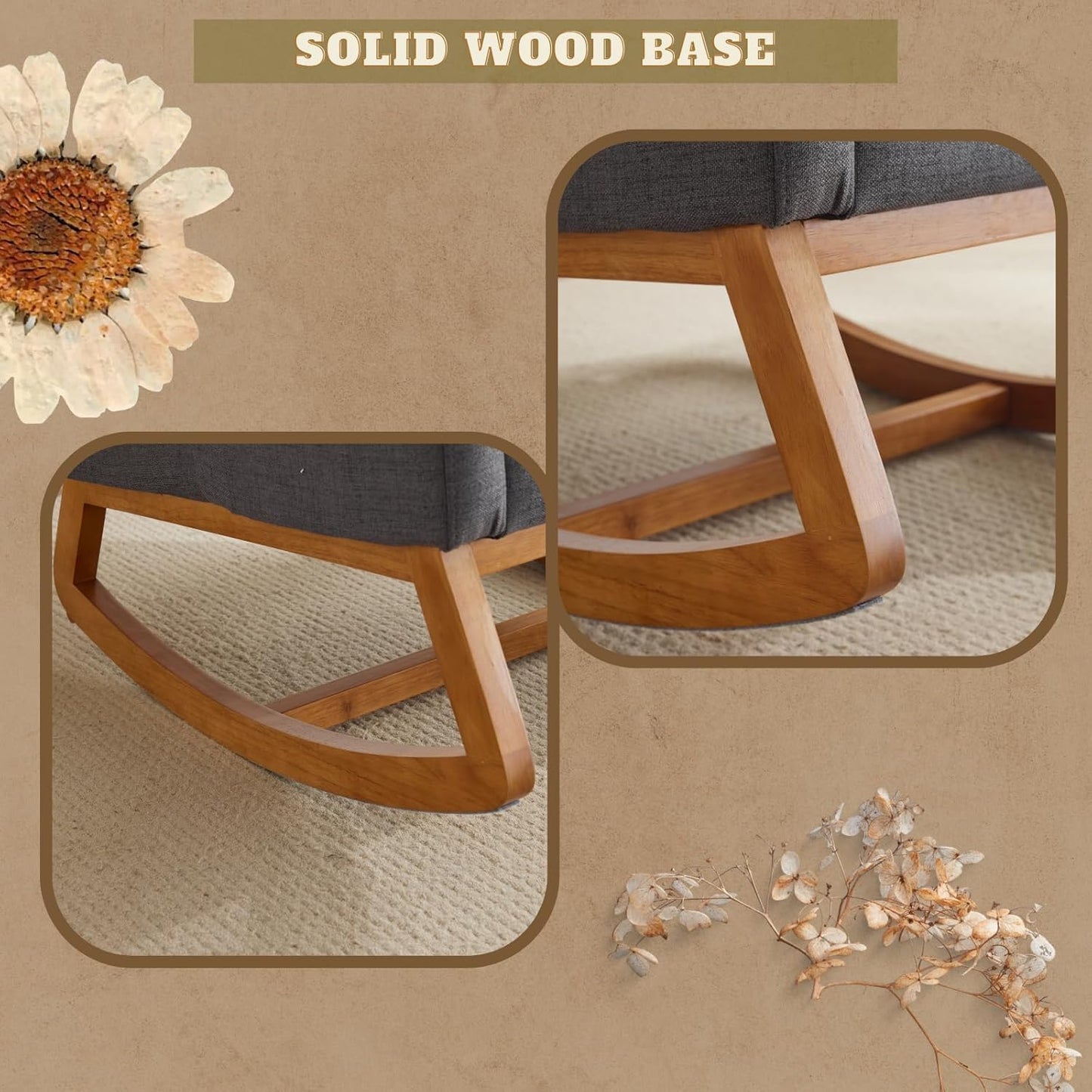 VINGLI Grey Linen Nursery Rocking Chair with Thick Headrest, Upholstered Mid-Century Modern Nursing Rocker Glider with Curved Armrest, Sturdy Solid Wood Base for Living Room, Bedroom, Baby Room