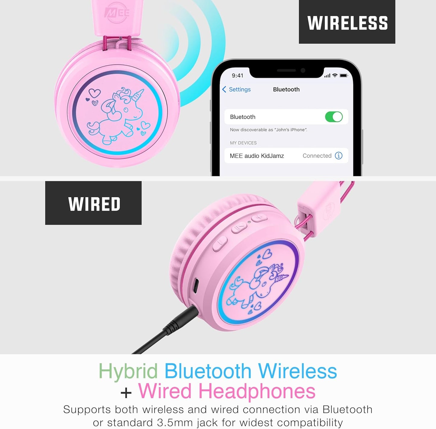 MEE audio KidJamz KJ55BT Personalized Bluetooth Wireless Safe Listening Headphones for Kids w/Custom LED-Backlit Design, Volume Limiter, Mic; Kids Headset for School/iPhone/iPad/Tablet (Pink)