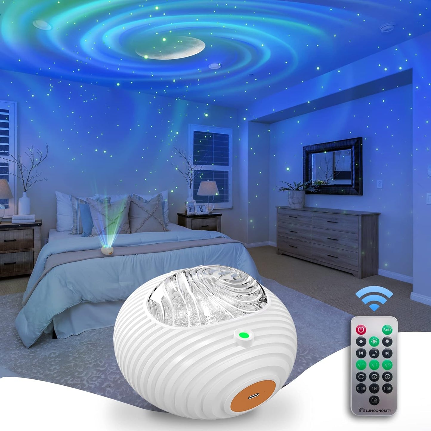 Lumoonosity Aurora Light Projector - Northern Lights Projector with 13 Colors, Aurora, Milky Way 2in1 Effect with Relaxing White Noises- Aurora Borealis Light Projector for Bedroom, Teens Room Decor