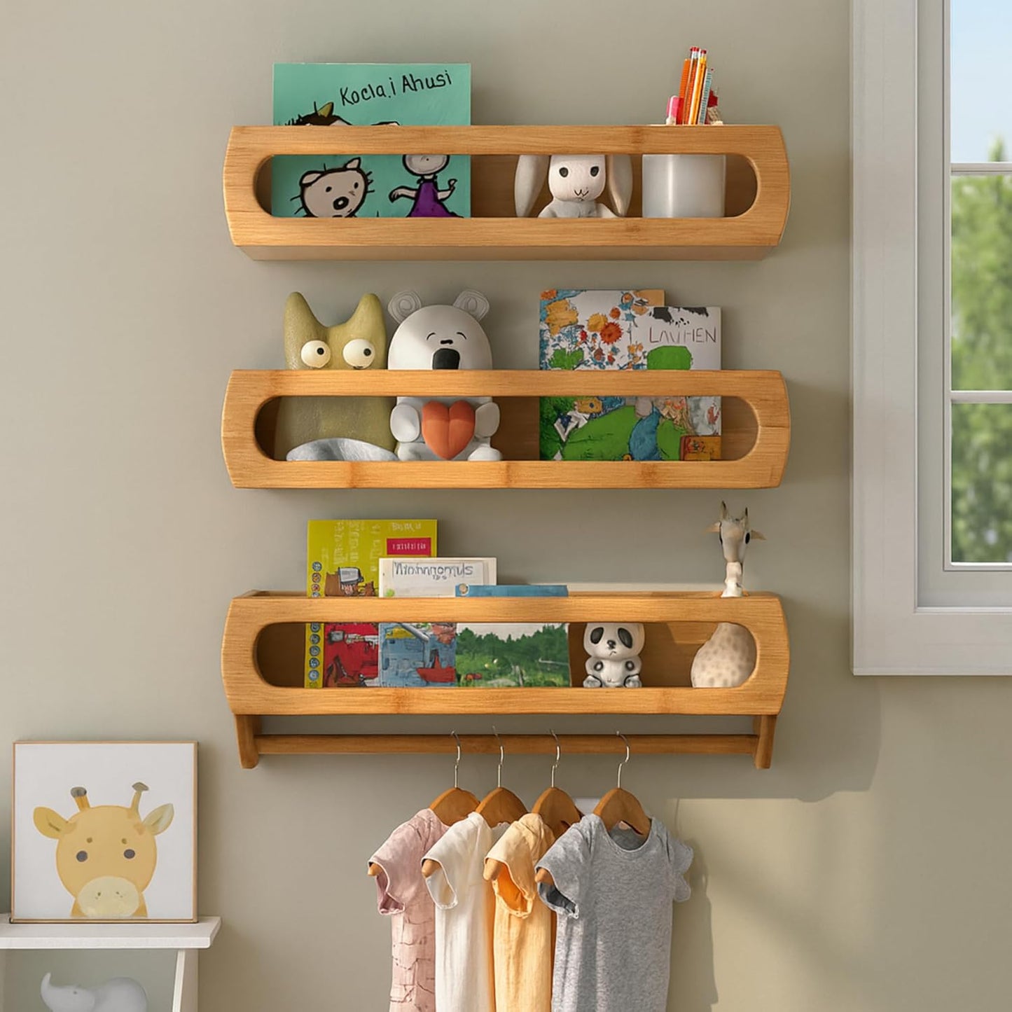 Bamboo Nursery Book Shelves, Fully Assembled For Easy Use - Set of 3 Floating Shelves for Wall Kids, Wall Mounted Book Shelves For Kids Room, Baby Room, Toddler Room, Nursery Decor, 16.5 Inch Natural