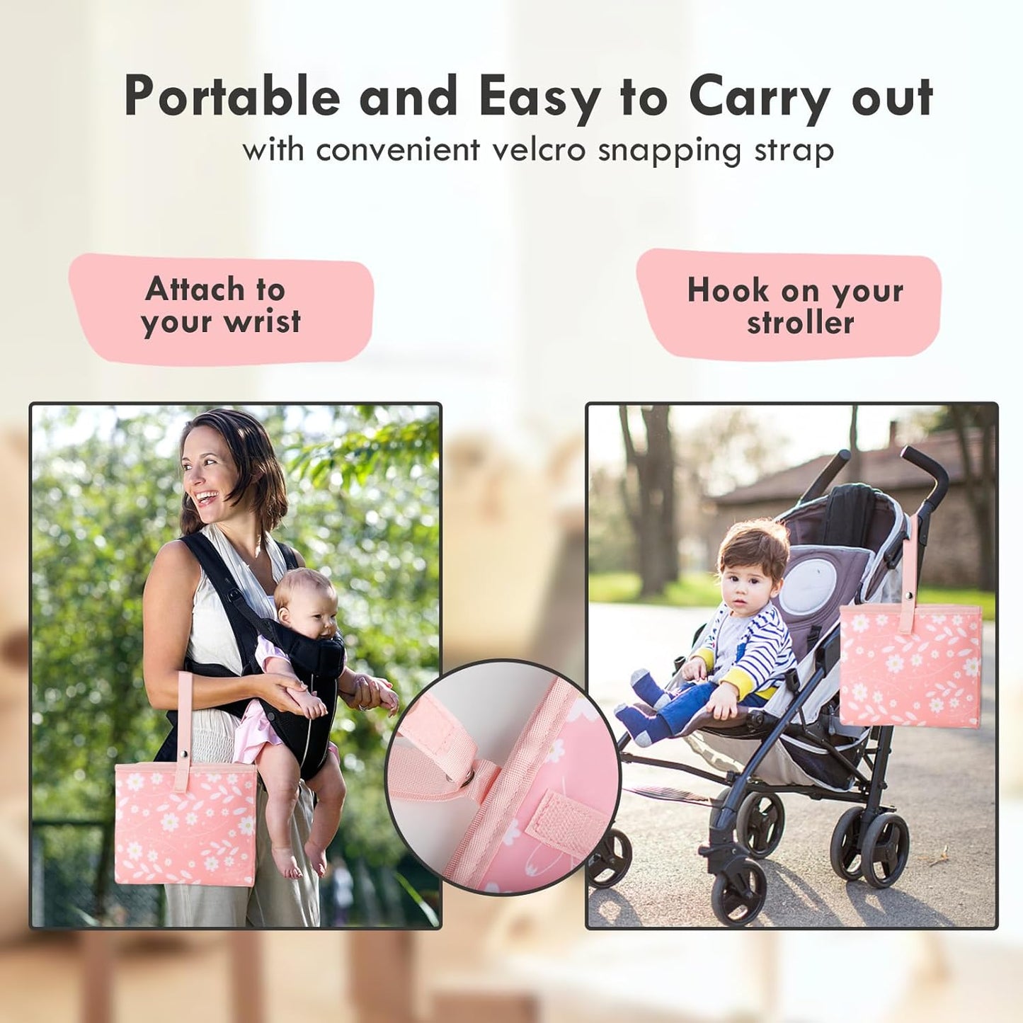 Portable Diaper Changing Pad for Baby - Waterproof Compact Changing Mat with Wrist Strap - Wipeable Travel Changing Pad for Diaper Bag - Gifts for Baby Shower by PHOEBUS BABY(Pink Flowers)