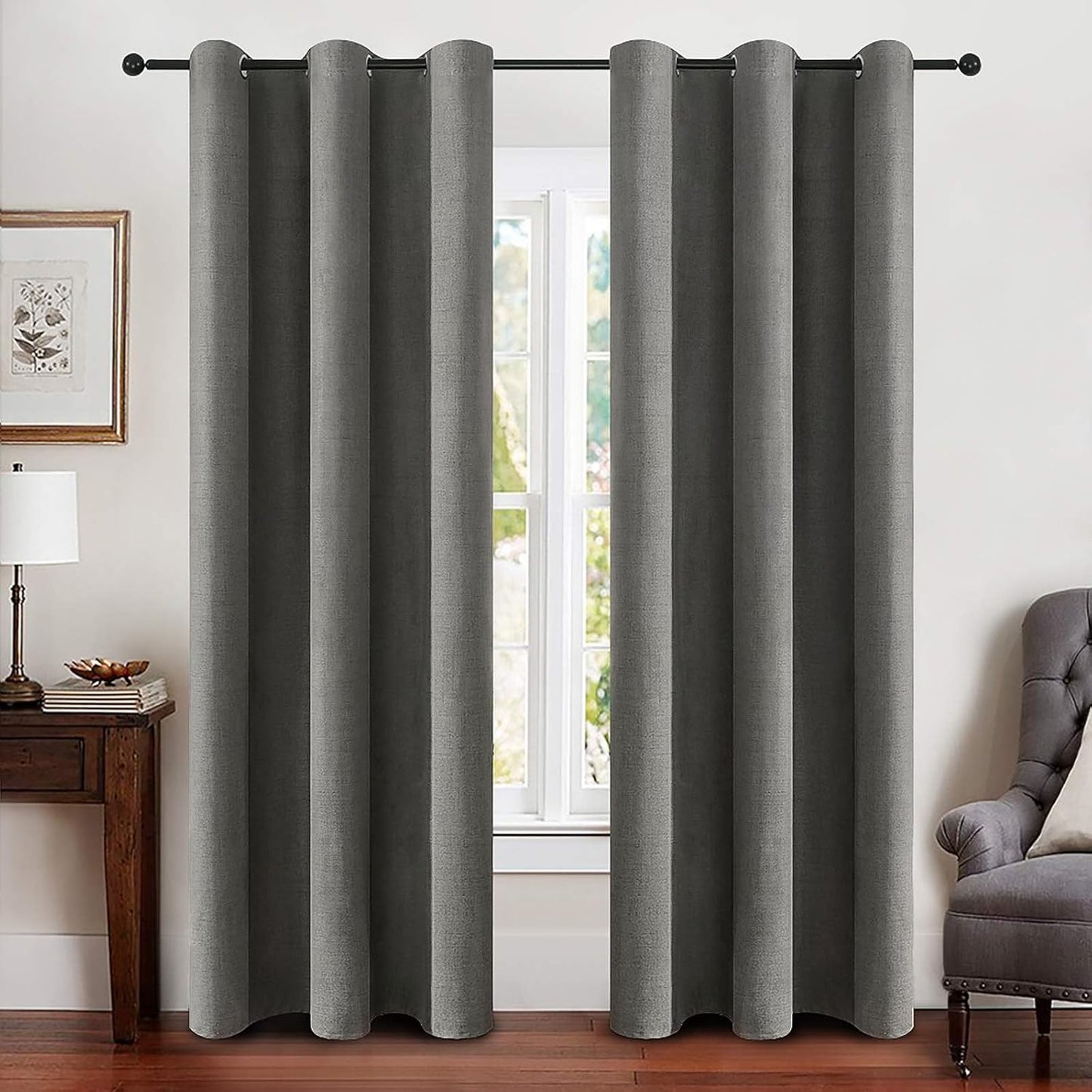 MIULEE Linen Blackout Curtains and Drapes 100% Room Darken Thermal Insulated Grommet Window Panels with Coating 2 PCs W 42 x L 84 inches Dark Grey