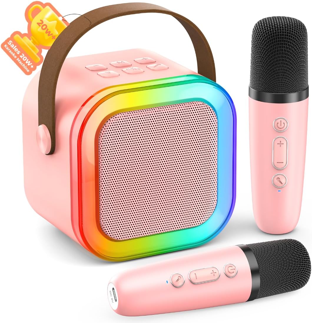 Karaoke Machine for Kids Adults, Portable Bluetooth Mini Karaoke Microphone Singing Speaker with 2 Mic and Light,Toys for All Smartphones,Birthday, Family,Home Party (Pink)