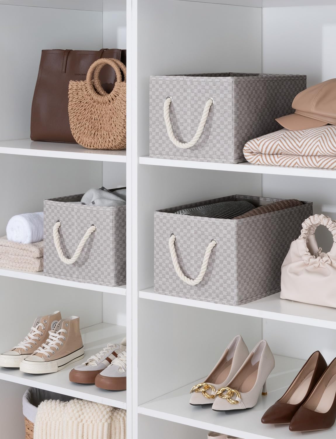 StorageWorks Storage Baskets for Shelves, Foldable Fabric Closet Storage Bins with Handles, Fabric Storage Bins Clothes Organizer, Khaki Check, 3-Pack, Large