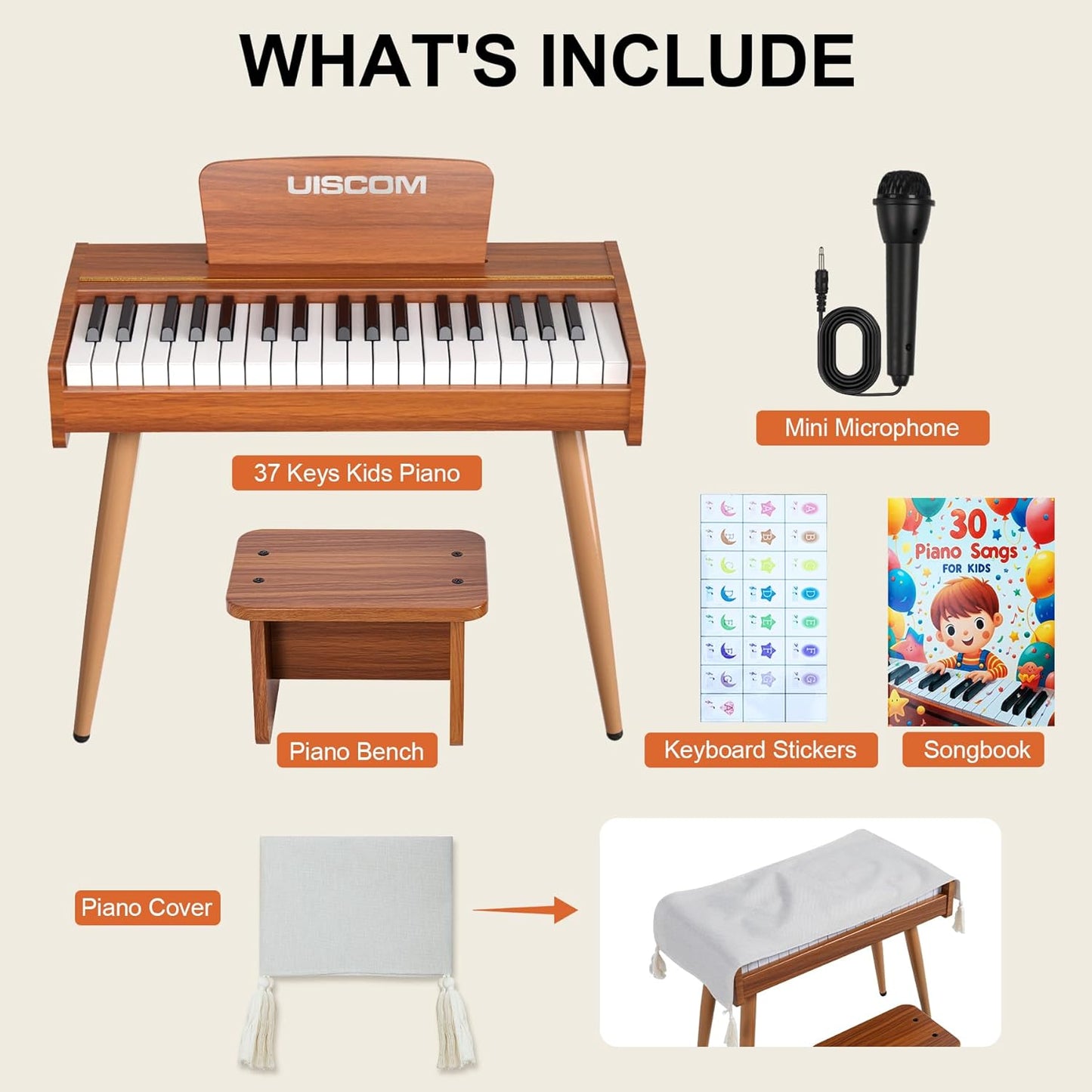 Kids Keyboard Piano, 37 Keys Digital Piano, Toddler Musical Instruments, Wooden Kids Piano with Bench, Toddler Piano for 3+ Girls and Boys, Brown