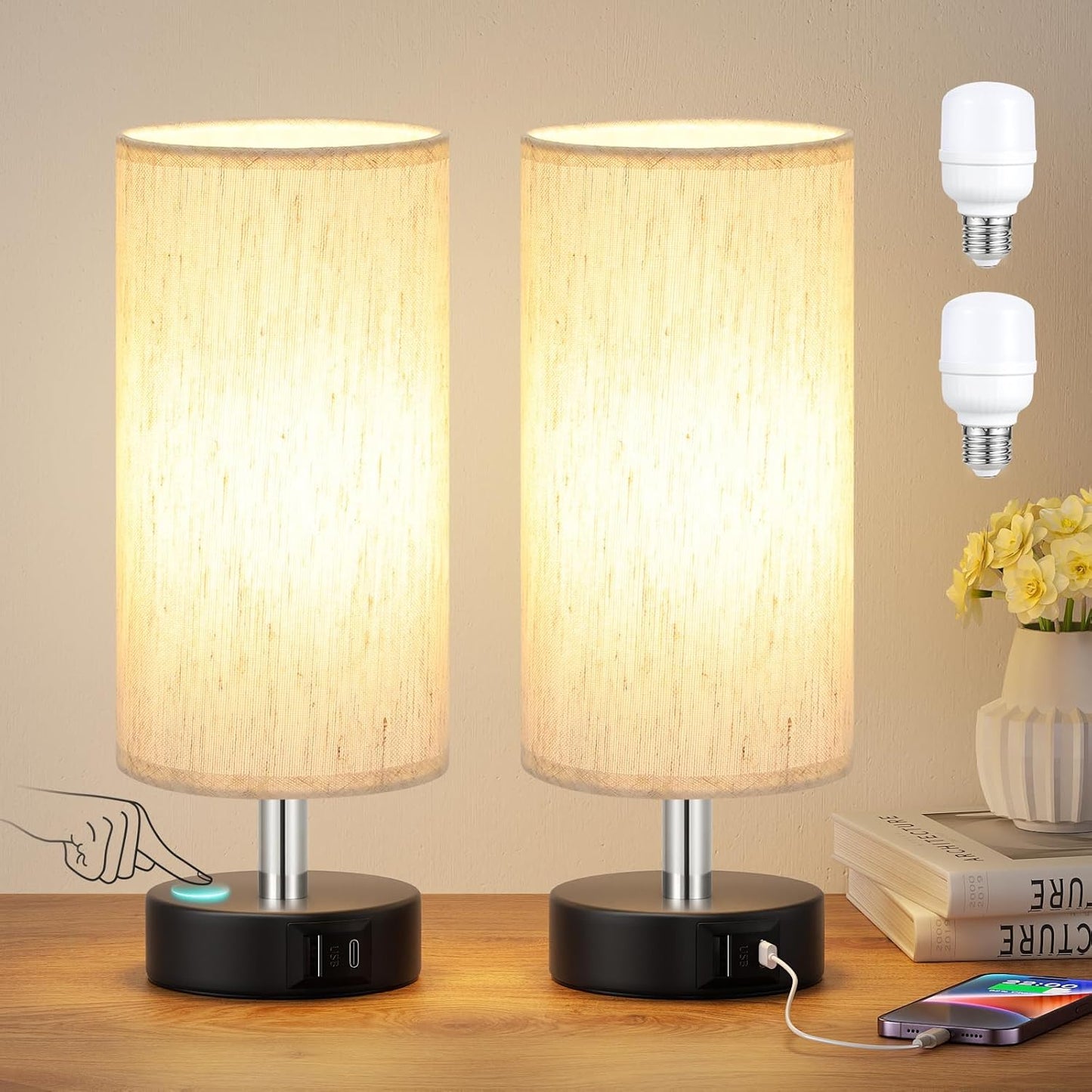 Small Touch Lamps Set of 2 - Table Lamps for Nightstand, Minimalist Bedside Lamps for Bedroom with 3000K Dimmable Bulbs
