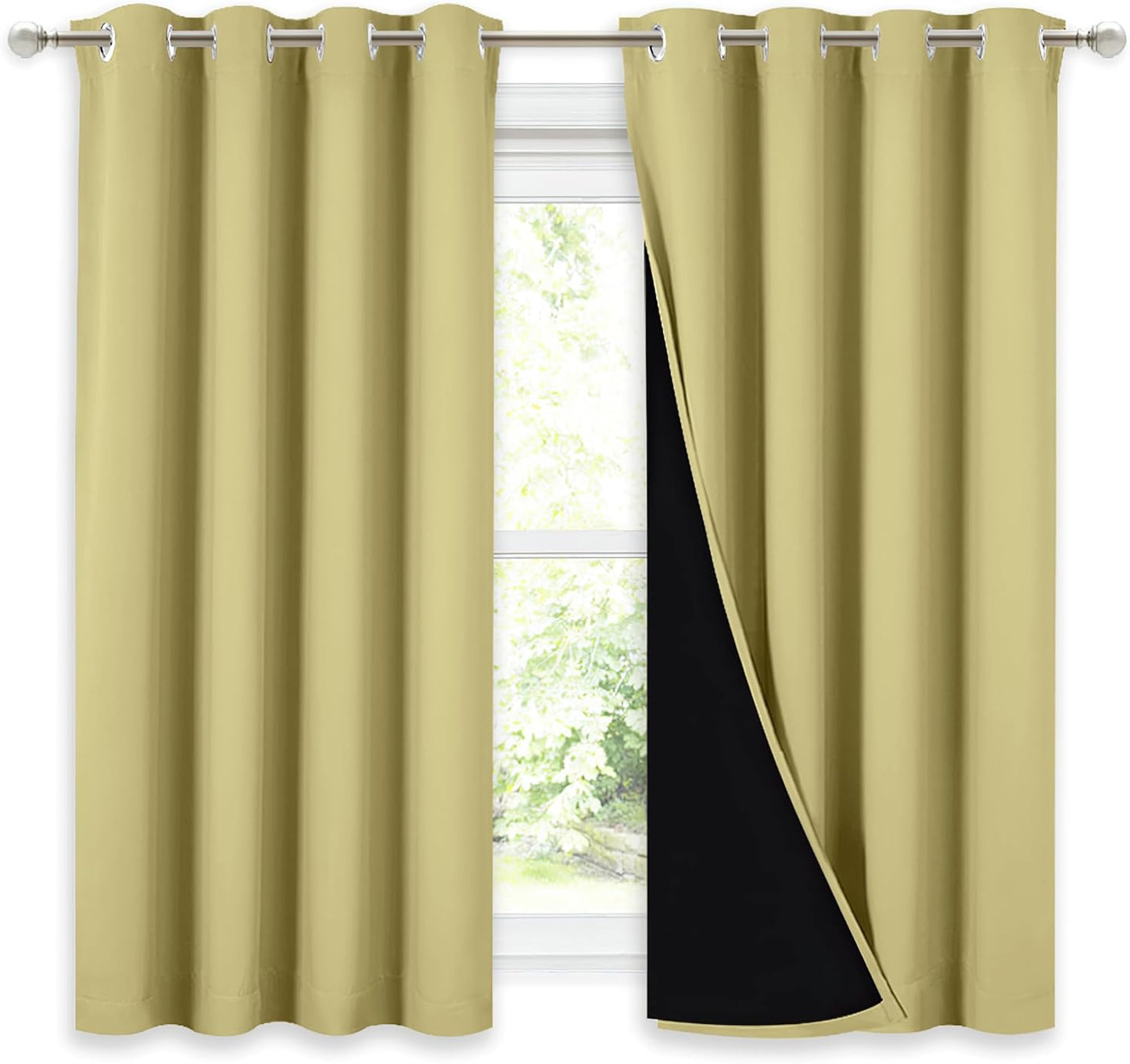 NICETOWN 100% Blackout Curtains with Black Liners, Thermal Insulated Full Blackout 2-Layer Lined Drapes, Noise Cancellation Window Drapes for Dining Room (Paler Yellow, 2 Panels, 52" W by 54" L)