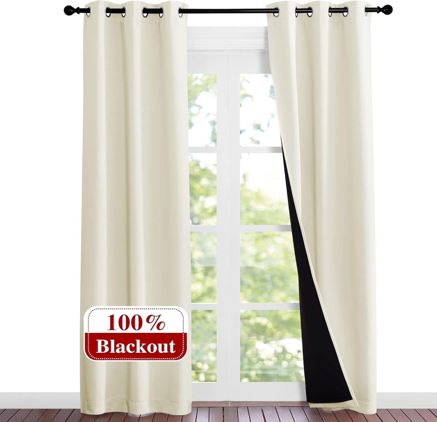 NICETOWN Living Room Completely Shaded Draperies, Privacy Protection & Noise Reducing Ring Top Drapes, Black Lined Insulated Window Treatment Blackout Curtain Panels (Beige, 2 Pieces, W37 x L84)