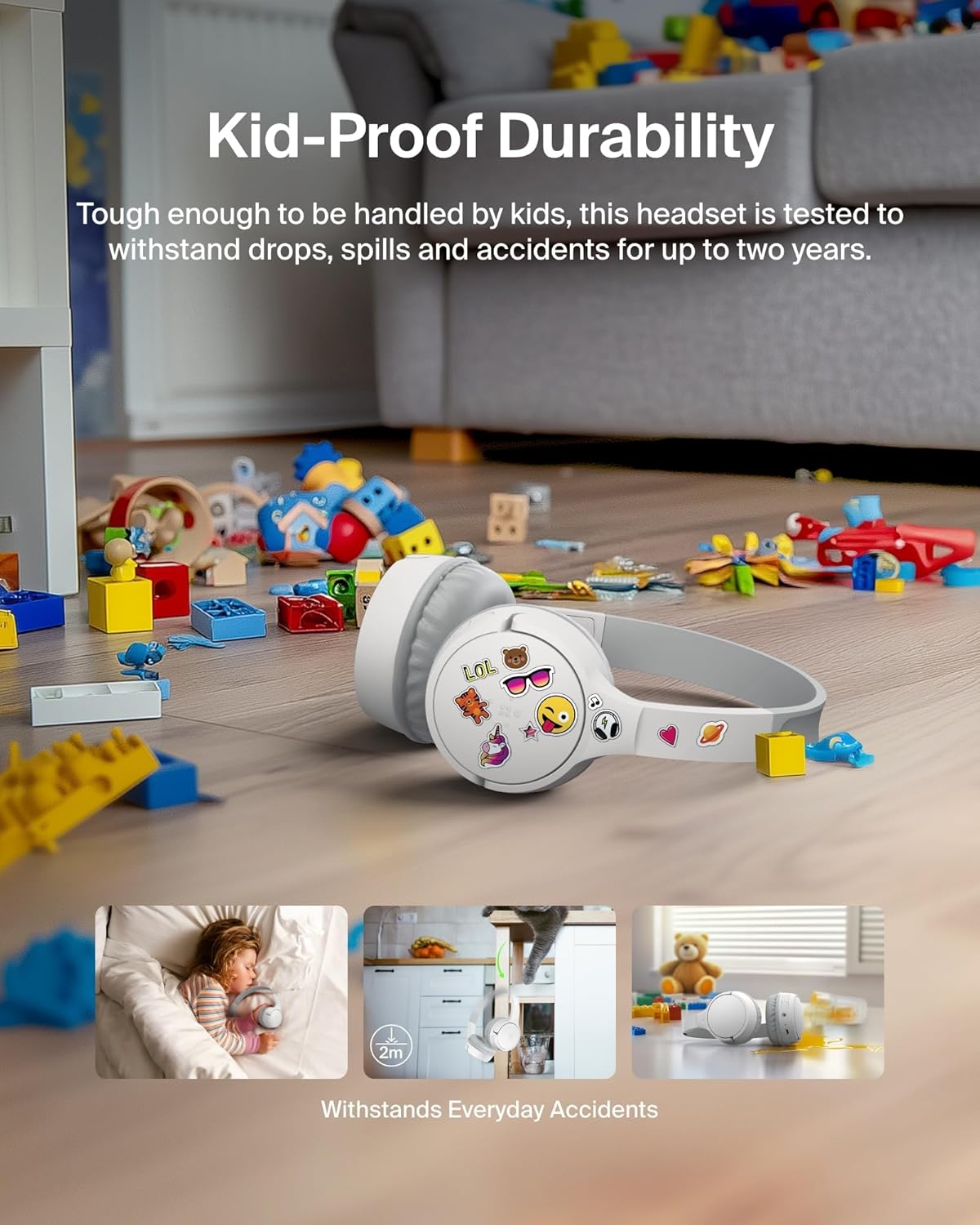 Belkin SoundForm Mini Kids Wireless Headphones w/Built-in Microphone, 30H of Playback Time, Fun Stickers, & Case - Over-Ear Headsets for Online Learning, School, iPhone, iPad, Galaxy, & More - White