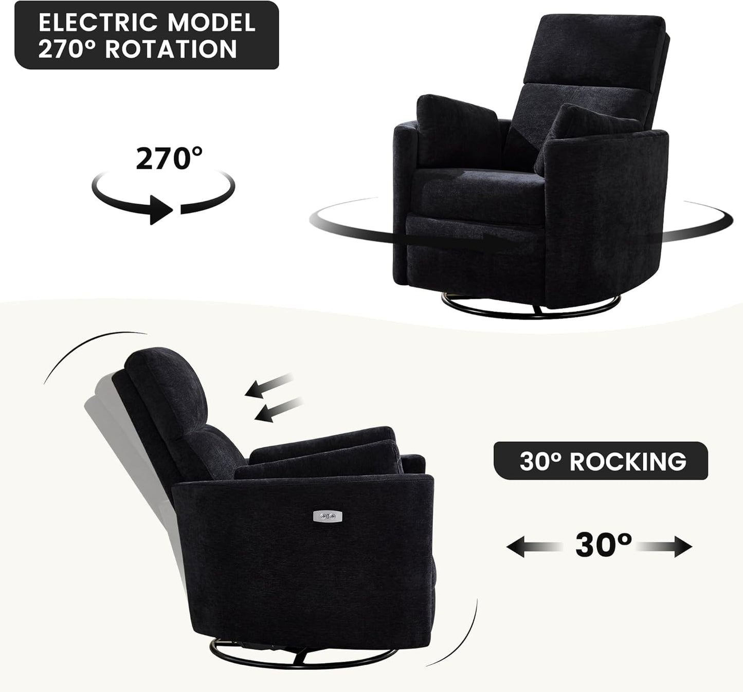 Recliner Swivel Glider Electric Rocking Chair with USB Port,Multifunction Upholstered Power Recliner Rocking Chair for Living Room Bedroom Nursery Adult with 2 Pillows(Black, Power-Driven)