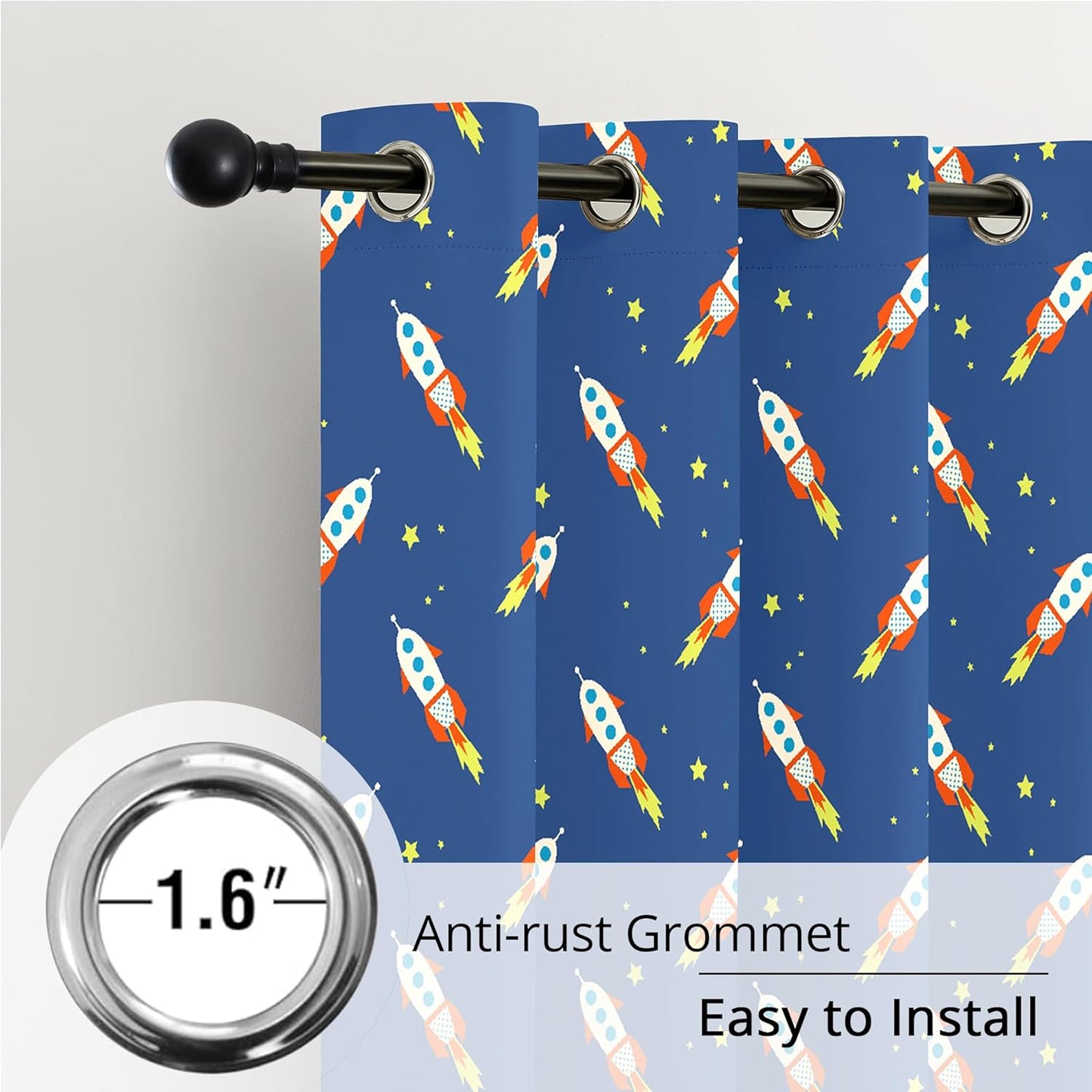 Kids Space Rocket Blackout Curtains - 100% Blackout, Thermal Insulated, Noise Reducing, Perfect for Kids Room and Nursery, 2 Panels (Rocket Blast-Off Repeat, W52×L63)