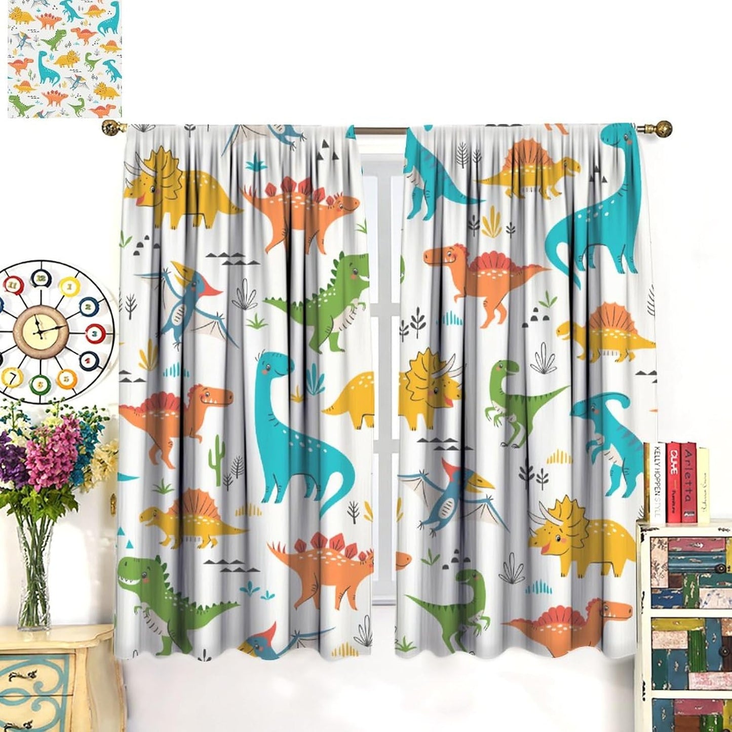 Kids Dinosaur Curtains for Boys Girls Bedroom Decor Cartoon Dino Colorful Cute Funny Animal Wildlife Printed Blackout Rod Pocket Window Drapes for Baby Nursery Playroom W27.5xL63in 2 Panels