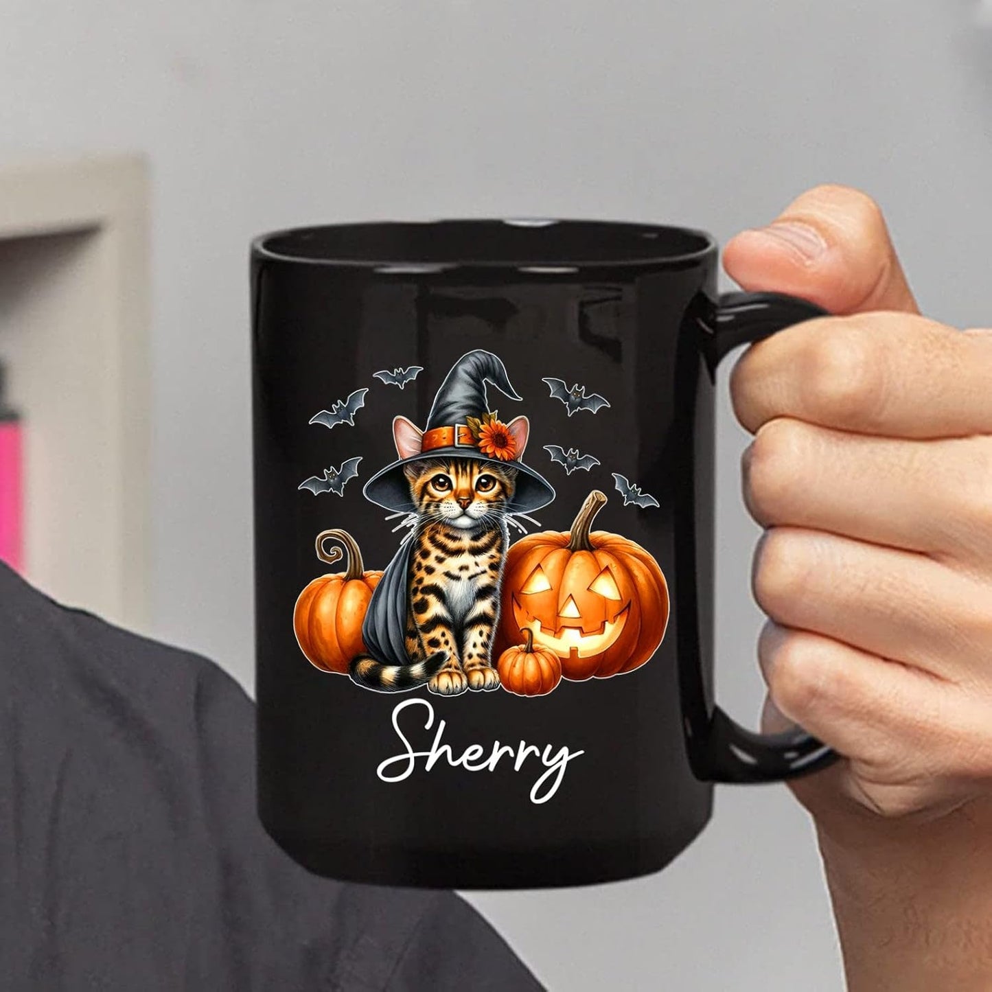 Personalized Name Bengal Wearing Witch Hat Coffee Mug, Custom Bengal Halloween Ceramic Cup, Spooky Cat Pumpkins Mug 11oz 15oz, Pet Halloween Black Cup, Gift for Cat Dad Mom Family Friend