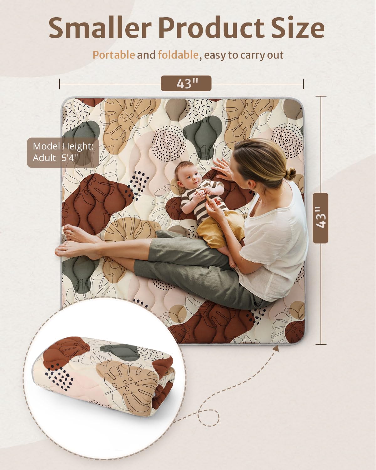 Blissful Diary Portable Baby Play Mats for Floor, Thicker Cushioned Foldable Baby Crawling Mat for Indoor Outdoor, Non-Slip & Washable Kids Playmat for Tummy Time Activity, Boho 43" X 43"