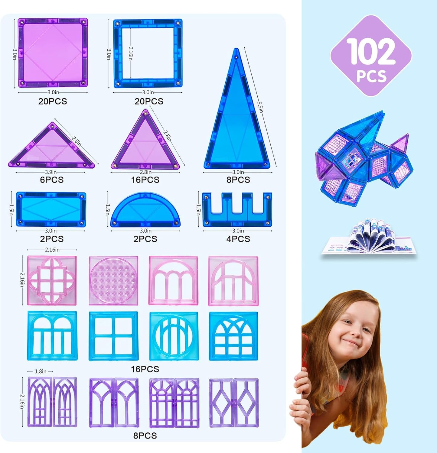 MAGBLOCK 102Pcs Magnetic Tiles Magnetic Toys Magnet Building Tiles Building Blocks for 3 4 5 6 7 8 Years Old Girls and Boys Birthday Gifts Preschool STEM Educational Toys
