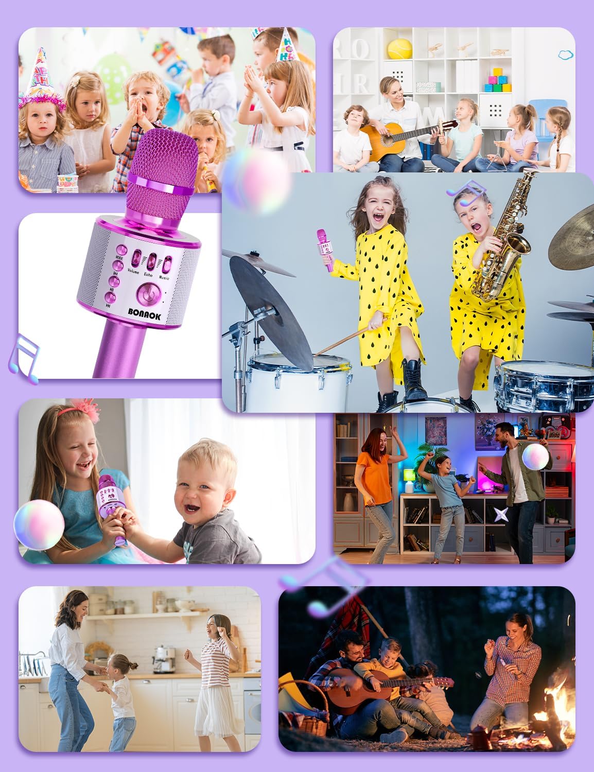 BONAOK Wireless Bluetooth Karaoke Microphone, Portable Toy Microphone for Singing, Gifts to Girls Boys Kids Adults All Age Q37（Bright Purple）