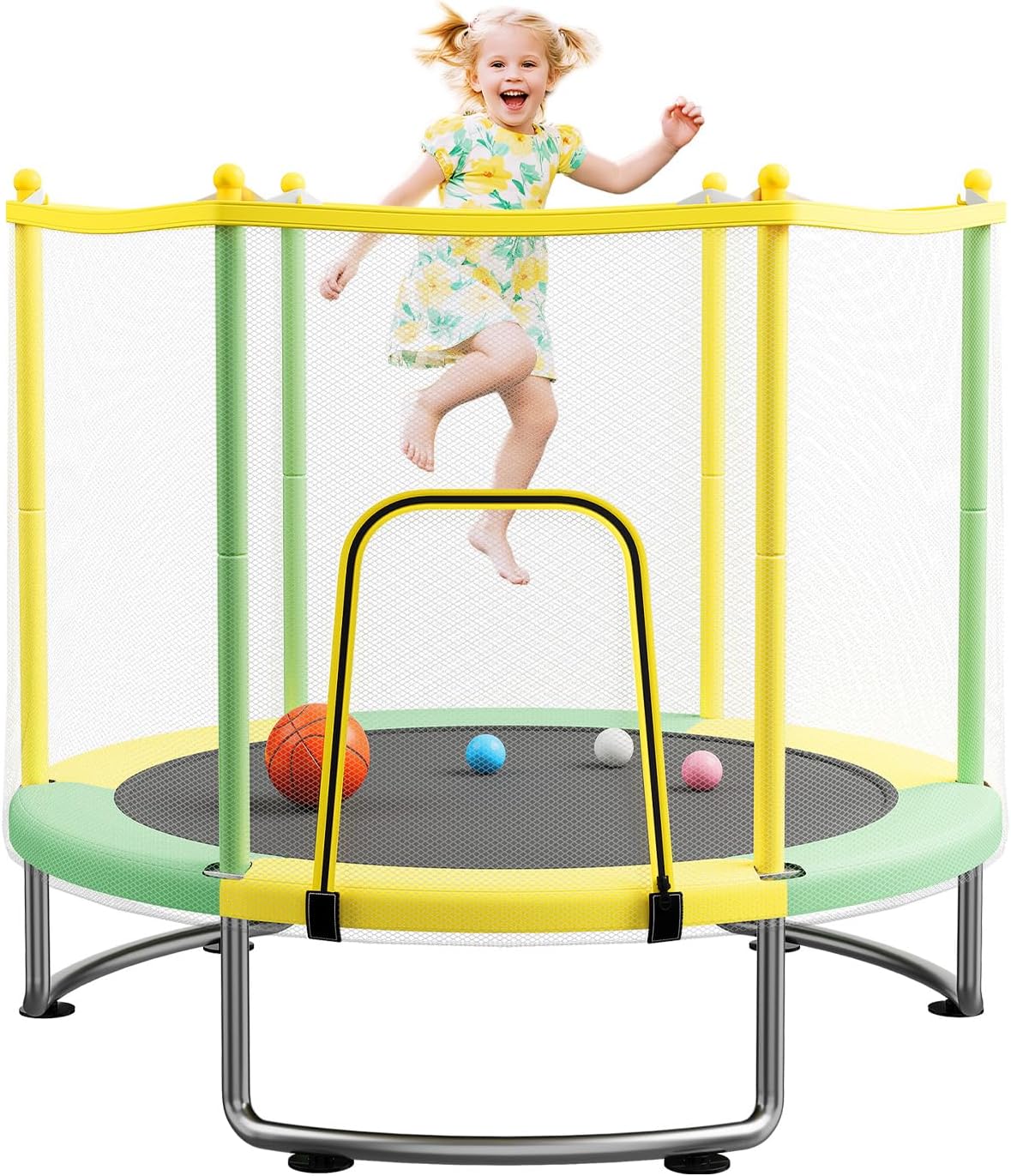 Kids Trampoline with Safety Net – 440lbs Capacity, Upgraded Rust-Proof Ring Legs, Adjustable Gymnastics Bar & Toys – Indoor Outdoor Toddler Trampoline for Boys & Girls Ages 1-8