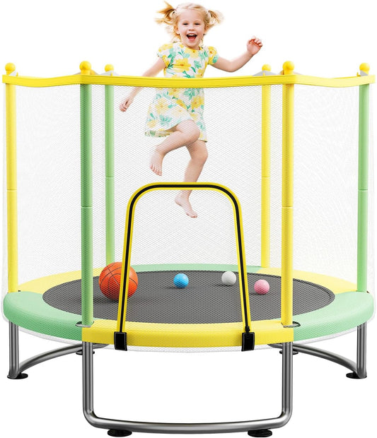 Kids Trampoline with Safety Net – 440lbs Capacity, Upgraded Rust-Proof Ring Legs, Adjustable Gymnastics Bar & Toys – Indoor Outdoor Toddler Trampoline for Boys & Girls Ages 1-8