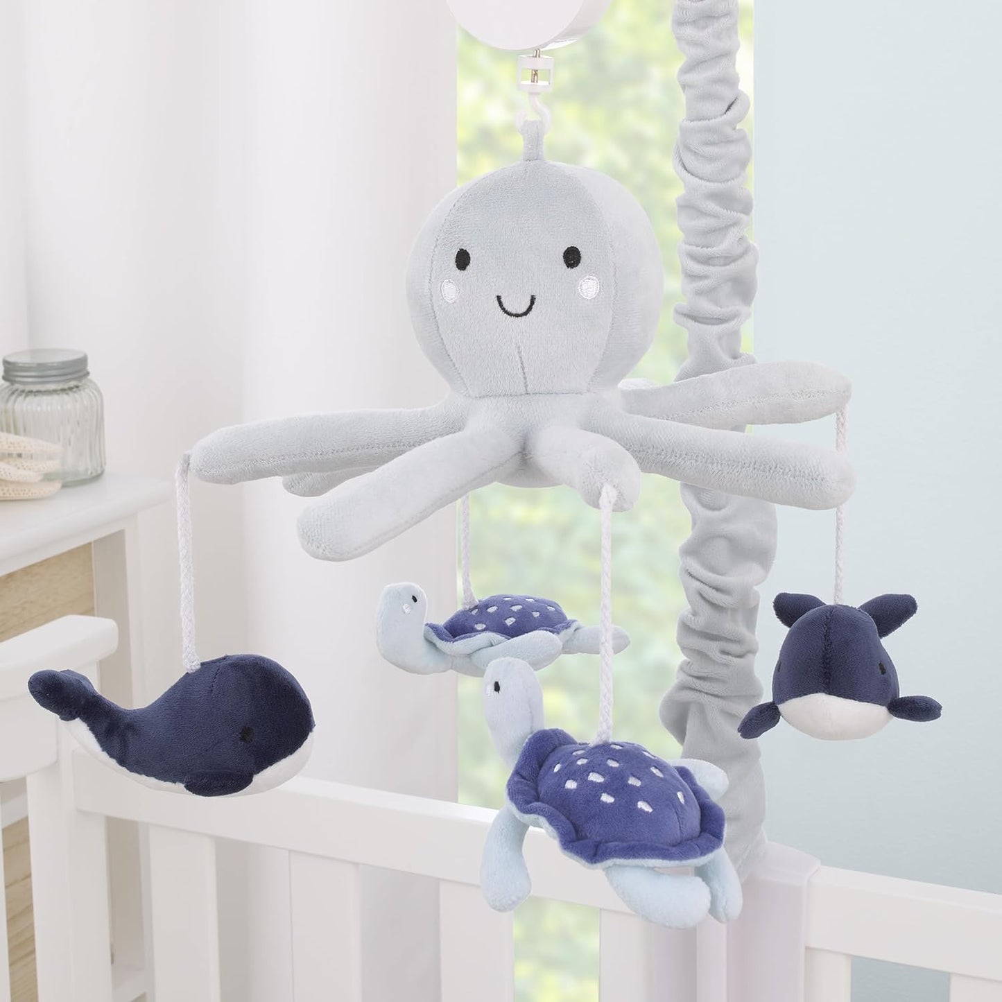 NoJo Plush Octopus Gray and Navy Whales and Sea Turtles Musical Mobile