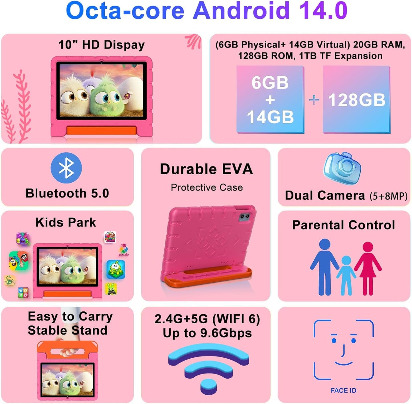 2025 Kids Tablet 10 inch Android 14 Tablets for Kid Octa-Core, 20GB+128GB (TF 1TB), Toddler Tablet with Shockproof Case, 2.4G+5G WiFi 6, Parental Control, Face Unlocked, Split Screen, BT5.0 (Rose Red)